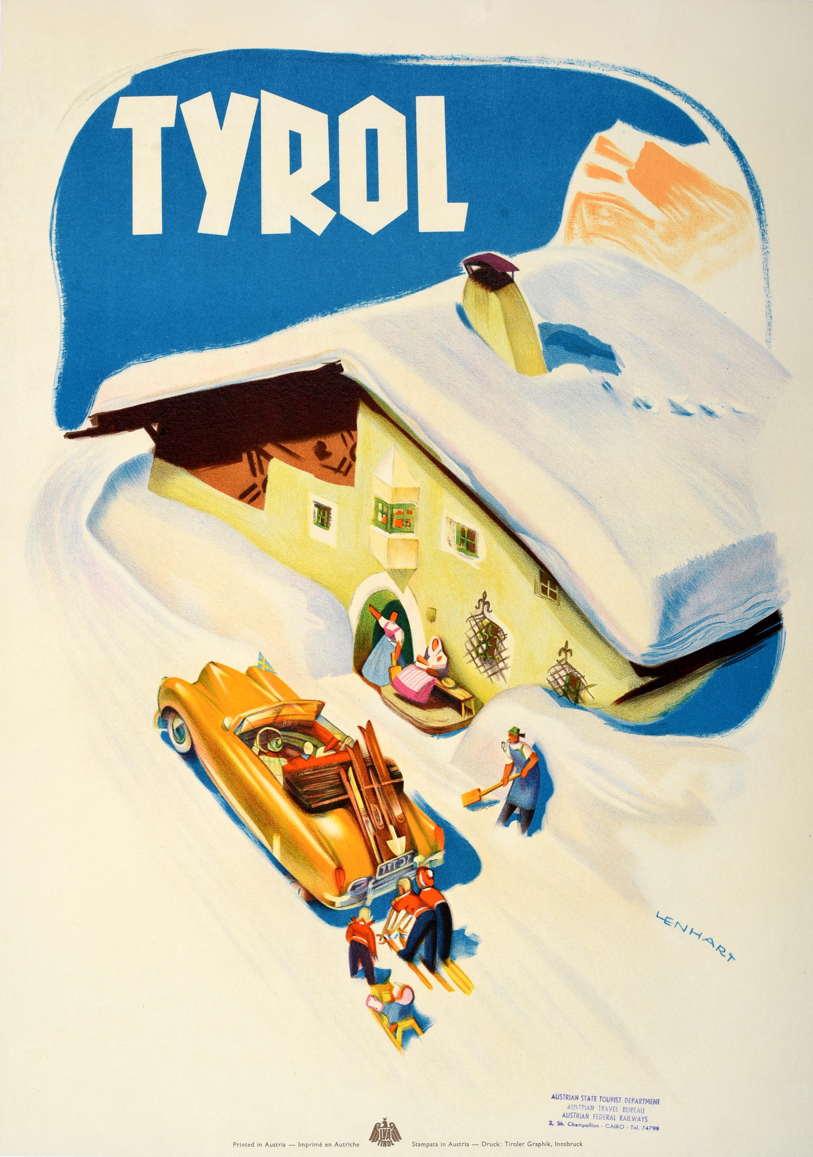 Original vintage winter travel poster for Tyrol featuring fun artwork by Franz Lenhart (1898-1992) depicting a couple in a smart yellow gold coloured car with a Swedish yellow and blue flag on the front of it parked by a snow covered chalet to ask