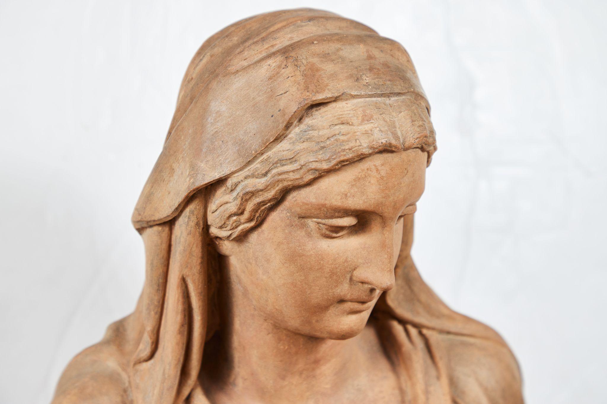 A signed, dated, 1855 terracotta, classical style sculpture of the robed figure of Fate holding the thread of life by listed, Austrian-born artist, Franz Melnitzky (1822-1876) whose public work can be seen throughout Vienna, as well as in the Athens
