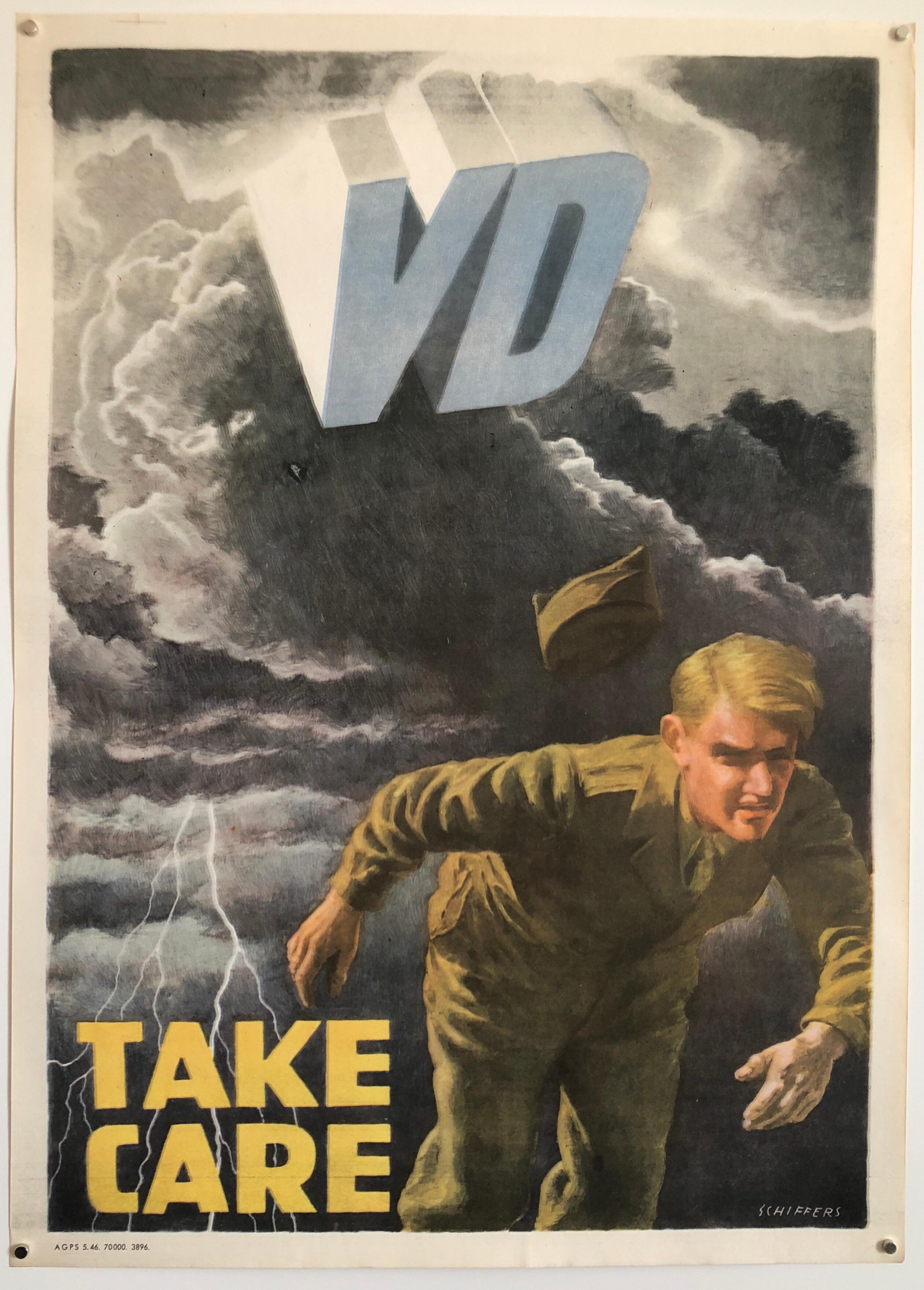 Poster di propaganda a colori originale della seconda guerra mondiale TAKE CARE Litografia offset - Figurative Print Nero di Franz Oswald Schiffers