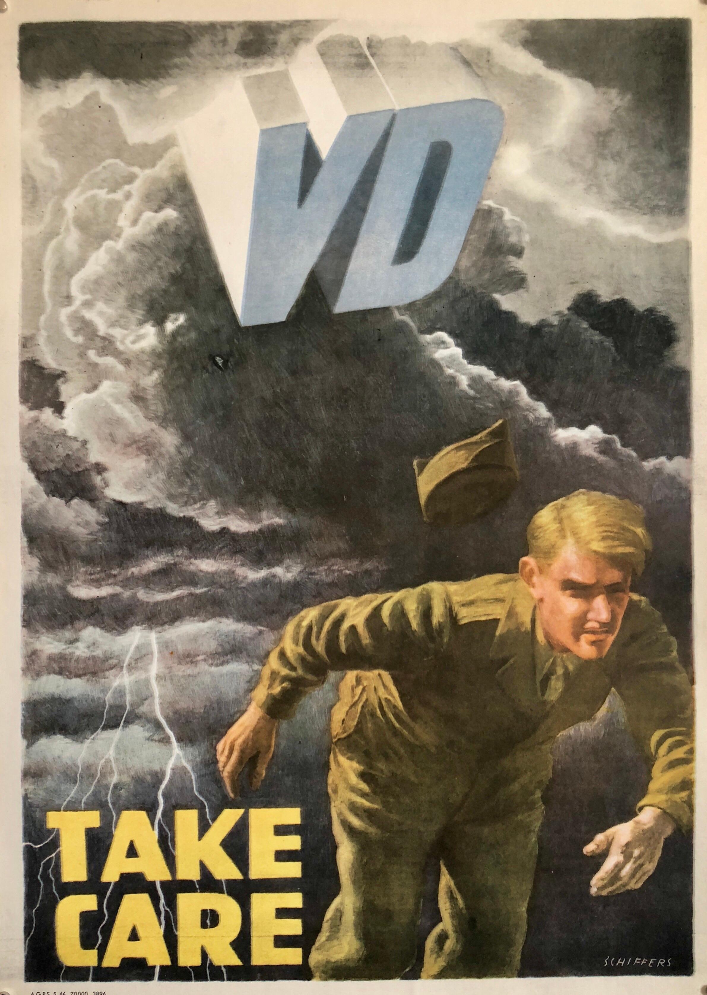 Franz Oswald Schiffers Figurative Print - Original Vintage Color World War 2 Propaganda Poster TAKE CARE Offset Lithograph