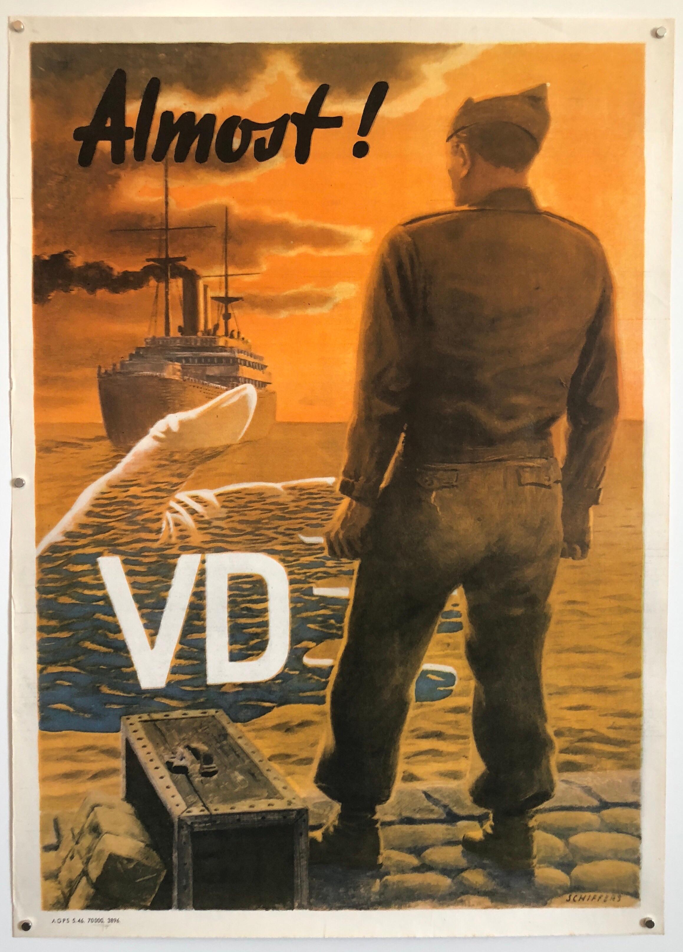 Original Vintage-Propagandaplakat „Almost“ Offset-Lithographie, Vintage, Farbe, Zweiter Weltkrieg, Propagandaplakat – Print von Franz Oswald Schiffers
