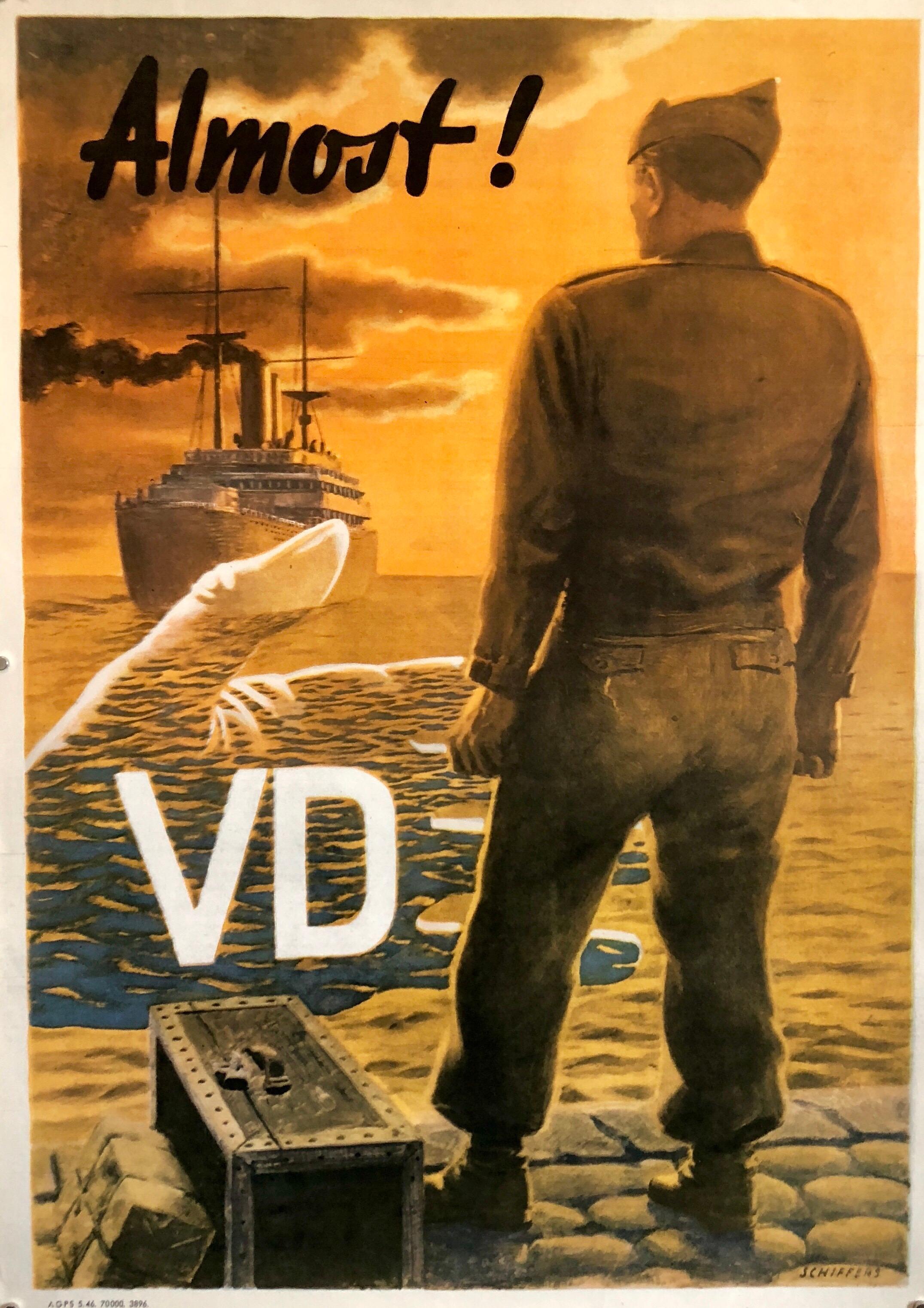 Franz Oswald Schiffers Figurative Print - Original Vintage Color World War II Propaganda Poster "Almost" Offset Lithograph