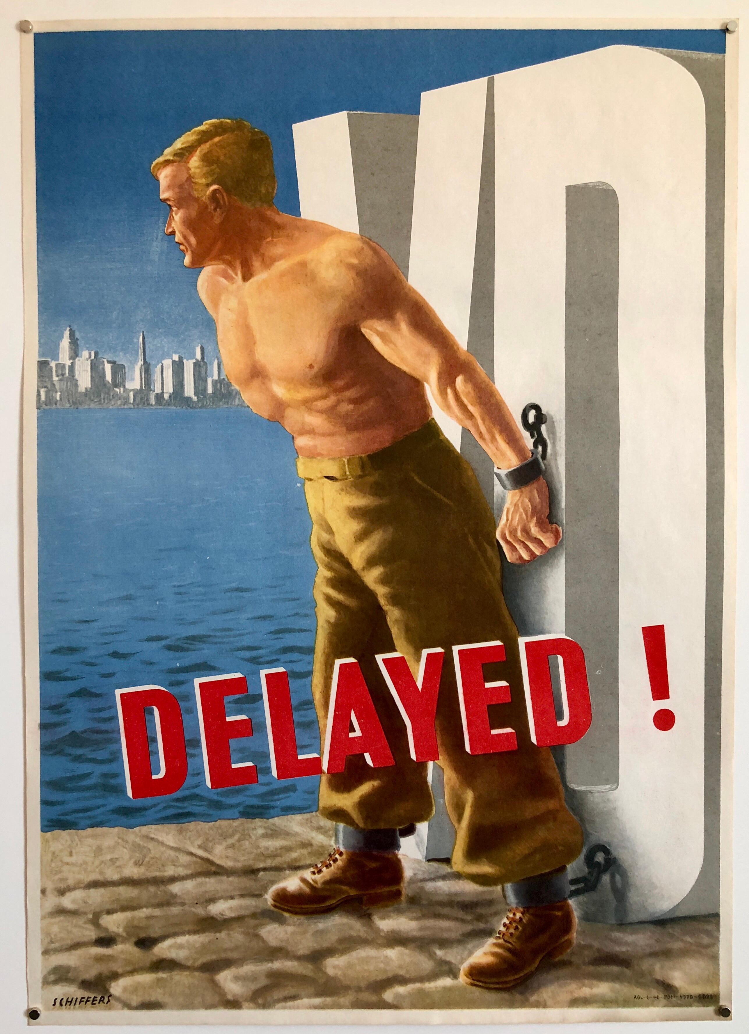 Original Vintage Color World War II Propaganda Poster Delayed! Offset Lithograph - Print by Franz Oswald Schiffers