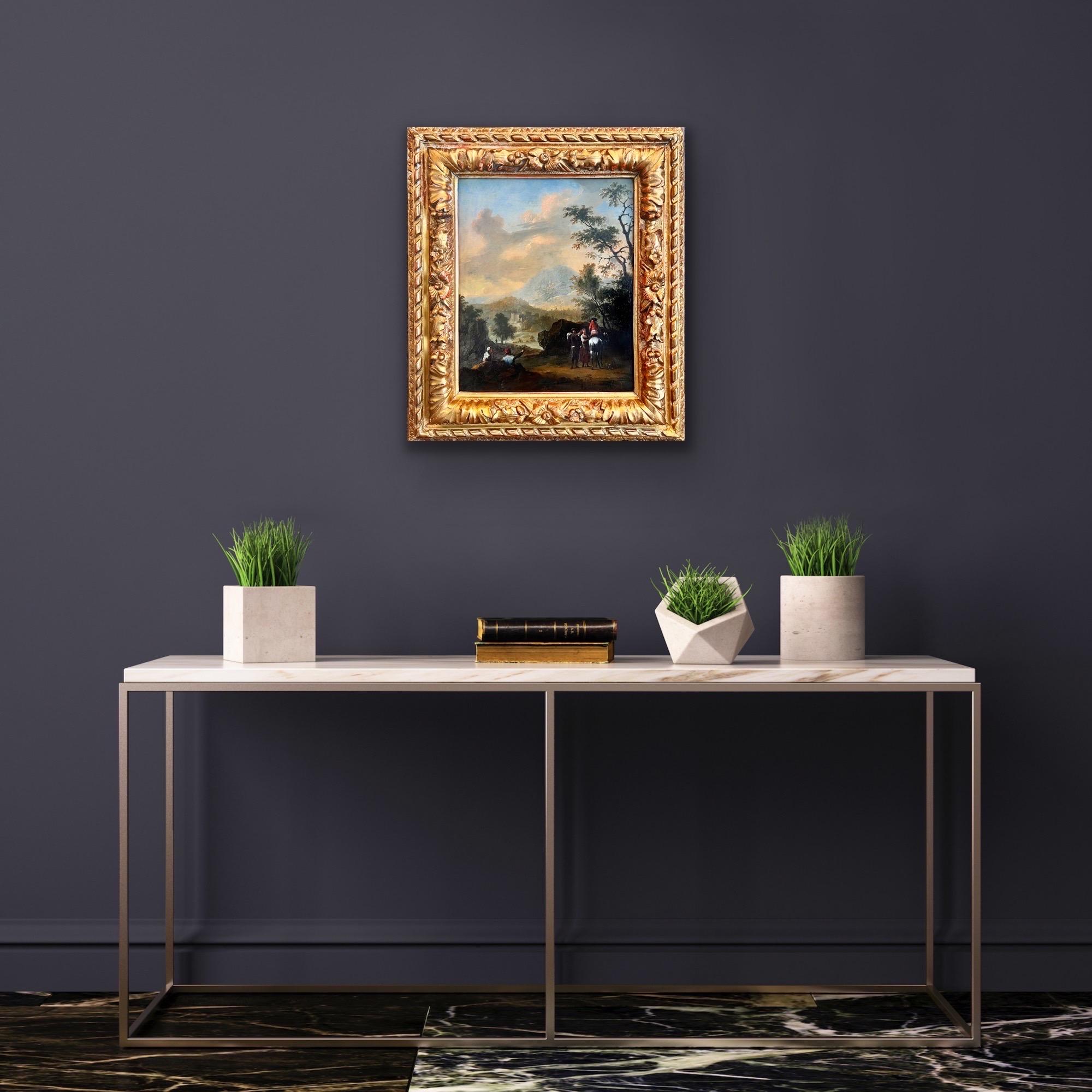 Pintura al óleo de un Viejo Maestro del siglo XVIII - Viajeros descansando en un paisaje al atardecer - Painting Antiguos maestros de Franz Paula De Ferg
