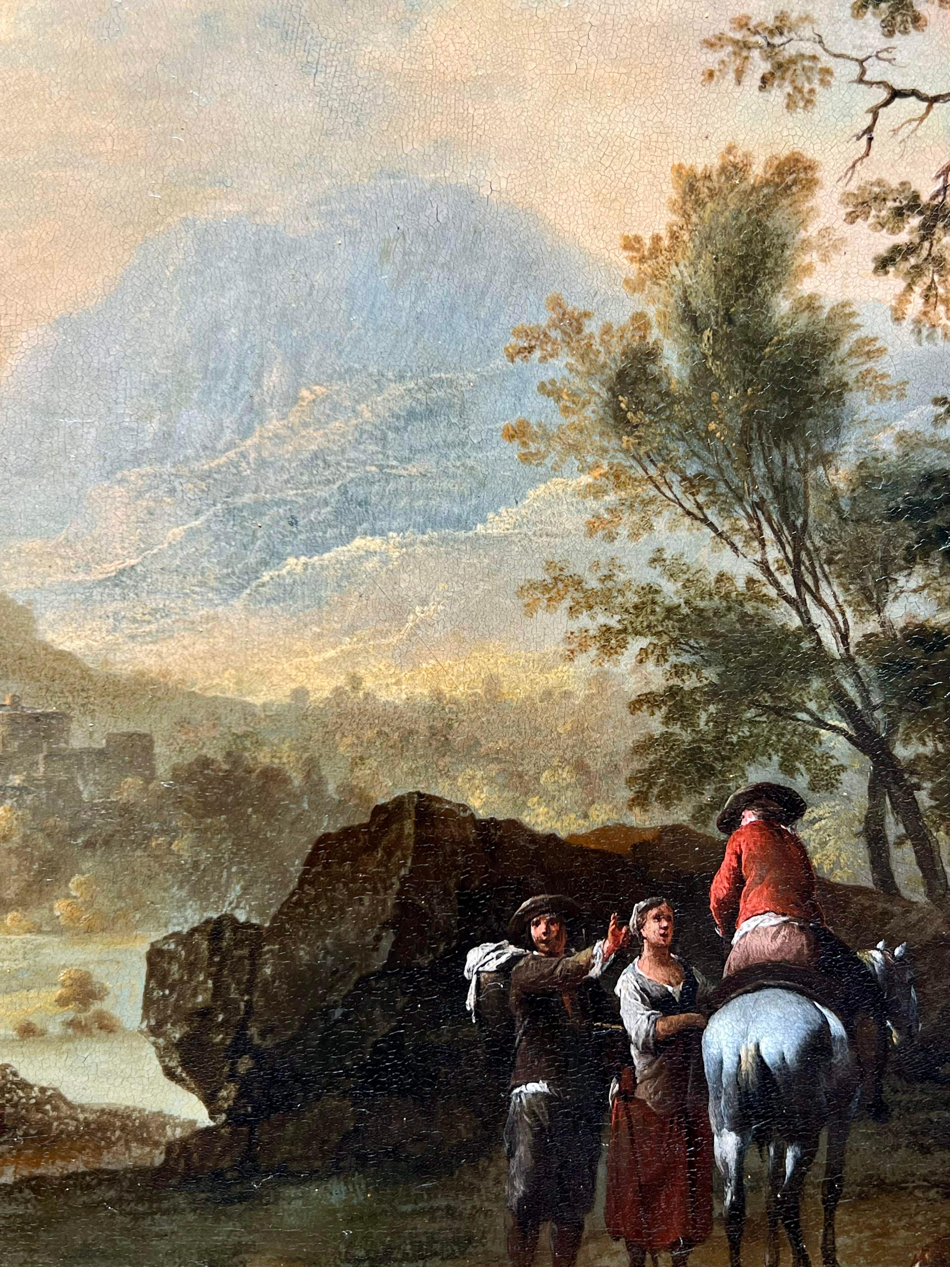 Gemälde eines alten Meisters aus dem 18. Jahrhundert, das eine friedliche Landschaft bei Sonnenuntergang mit einer in der Ferne sichtbaren befestigten Stadt darstellt und Franz Paula de Ferg zugeschrieben wird

In dem vorliegenden juwelenartigen