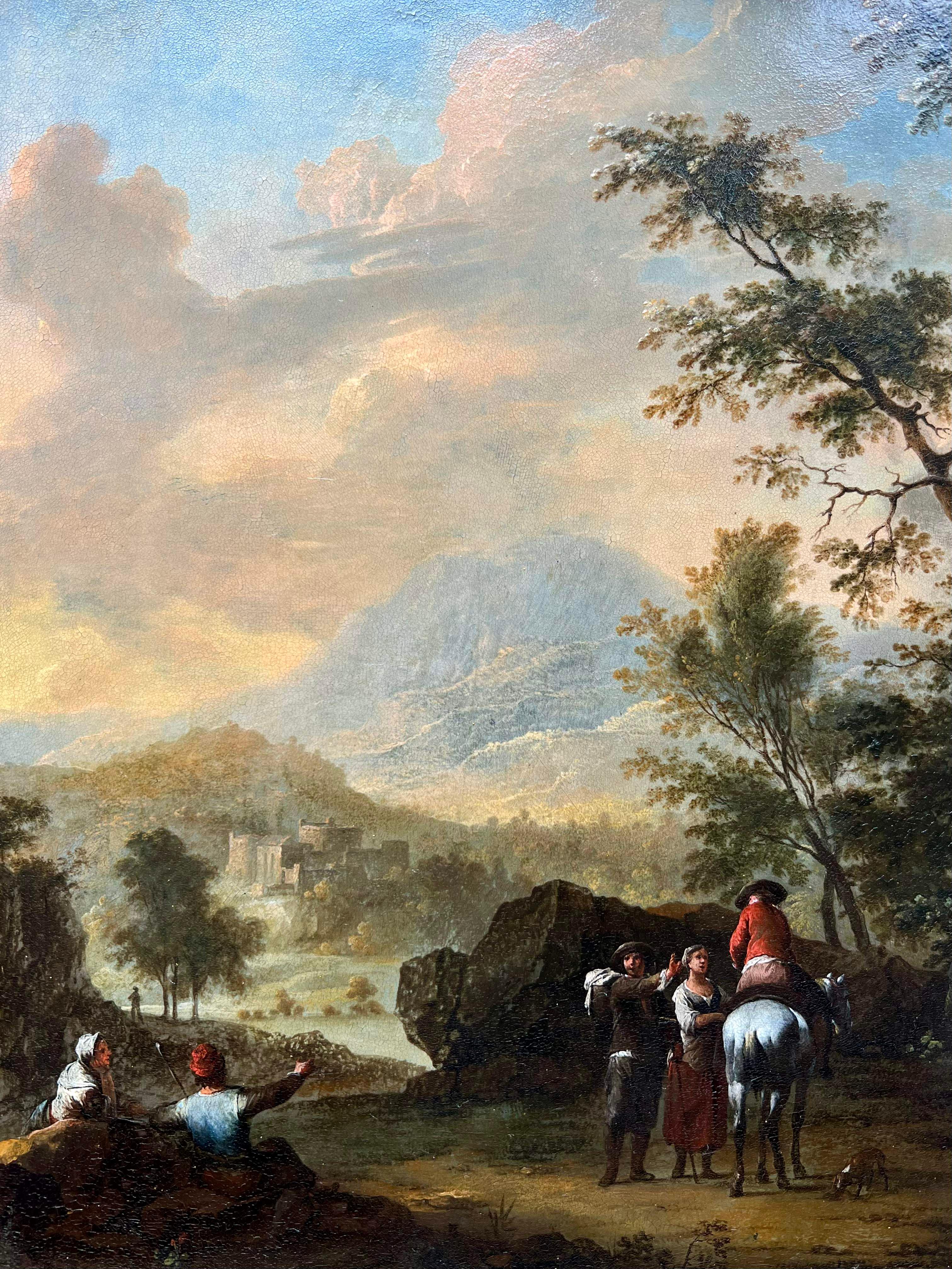 Ölgemälde eines Alten Meisters aus dem 18. Jahrhundert – Reisende bei Sonnenuntergang in einer Landschaft  im Angebot 1
