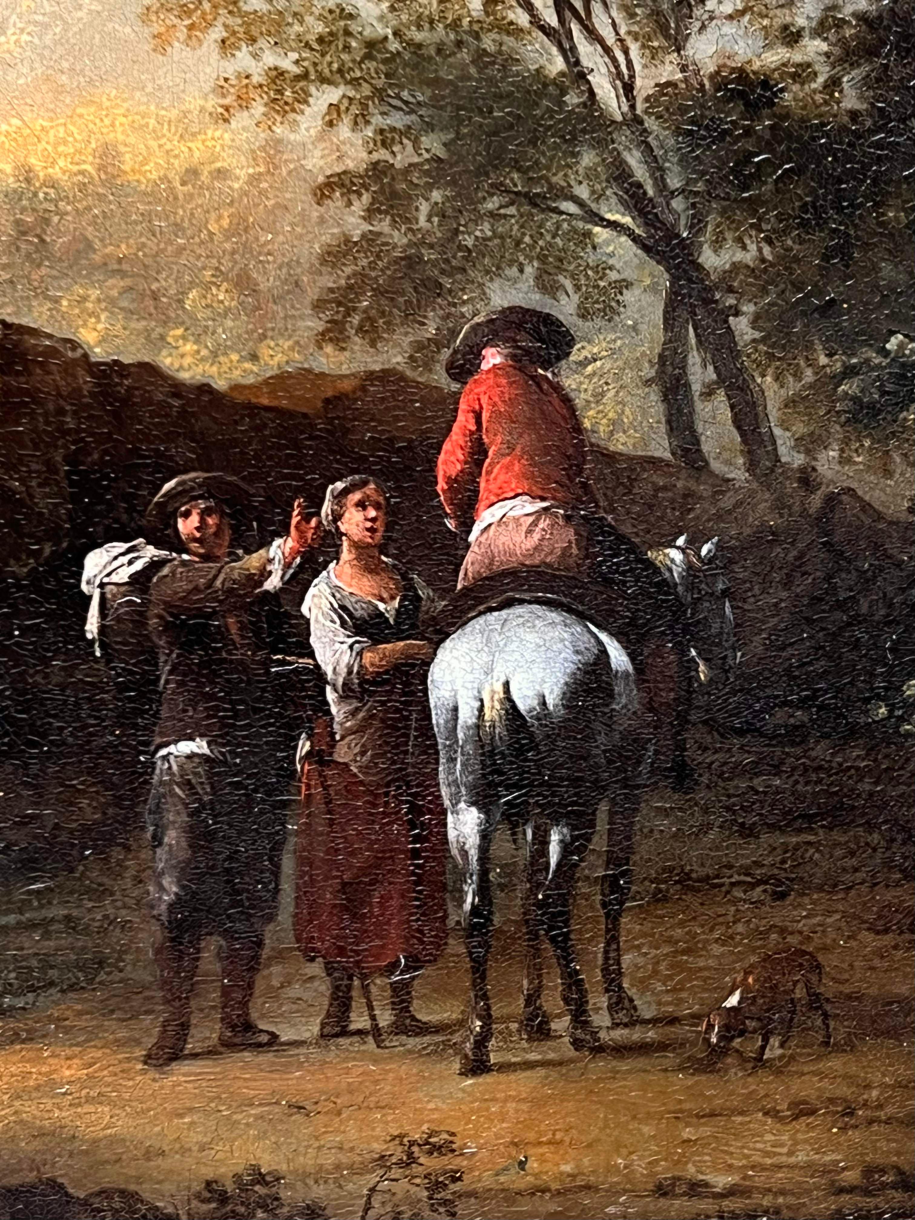18th century Old Master oil painting - Travellers at rest in a sunset landscape  For Sale 1