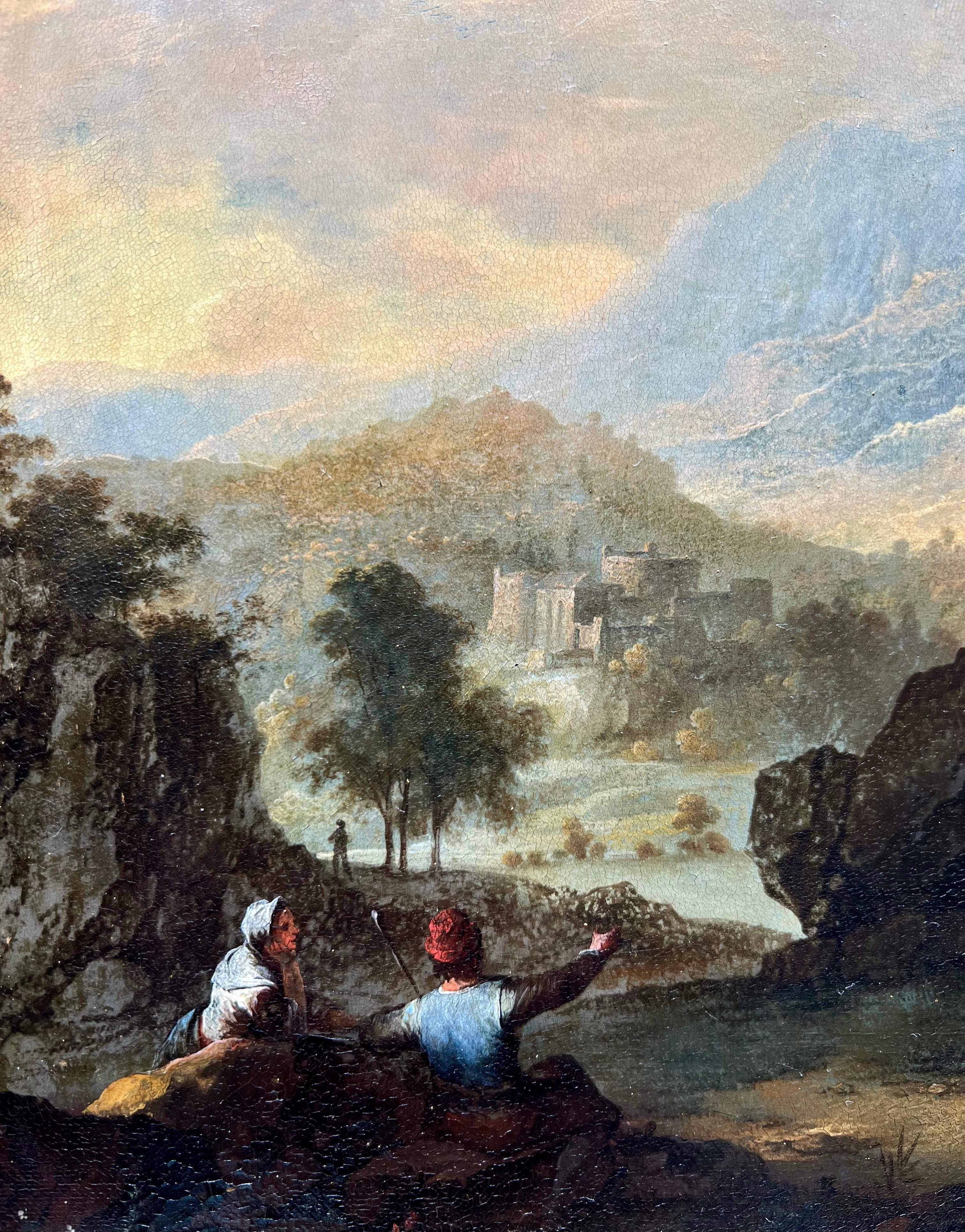 18th century Old Master oil painting - Travellers at rest in a sunset landscape  For Sale 3