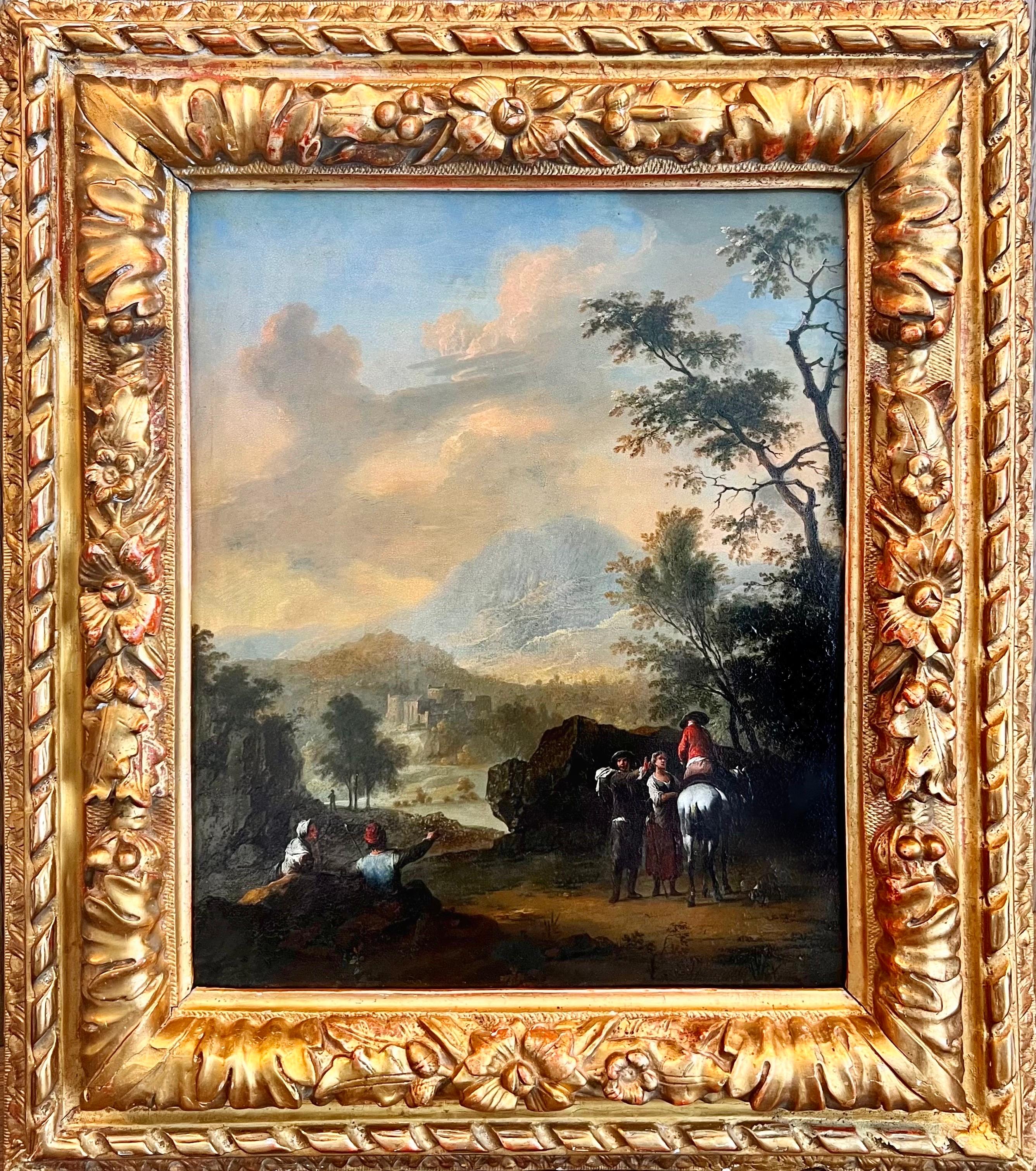 Peinture à l'huile de Masterly du XVIIIe siècle - Voyageurs au repos dans un paysage de coucher de soleil 