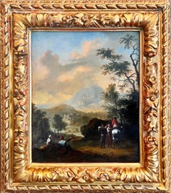 Pintura al óleo de un Viejo Maestro del siglo XVIII - Viajeros descansando en un paisaje al atardecer