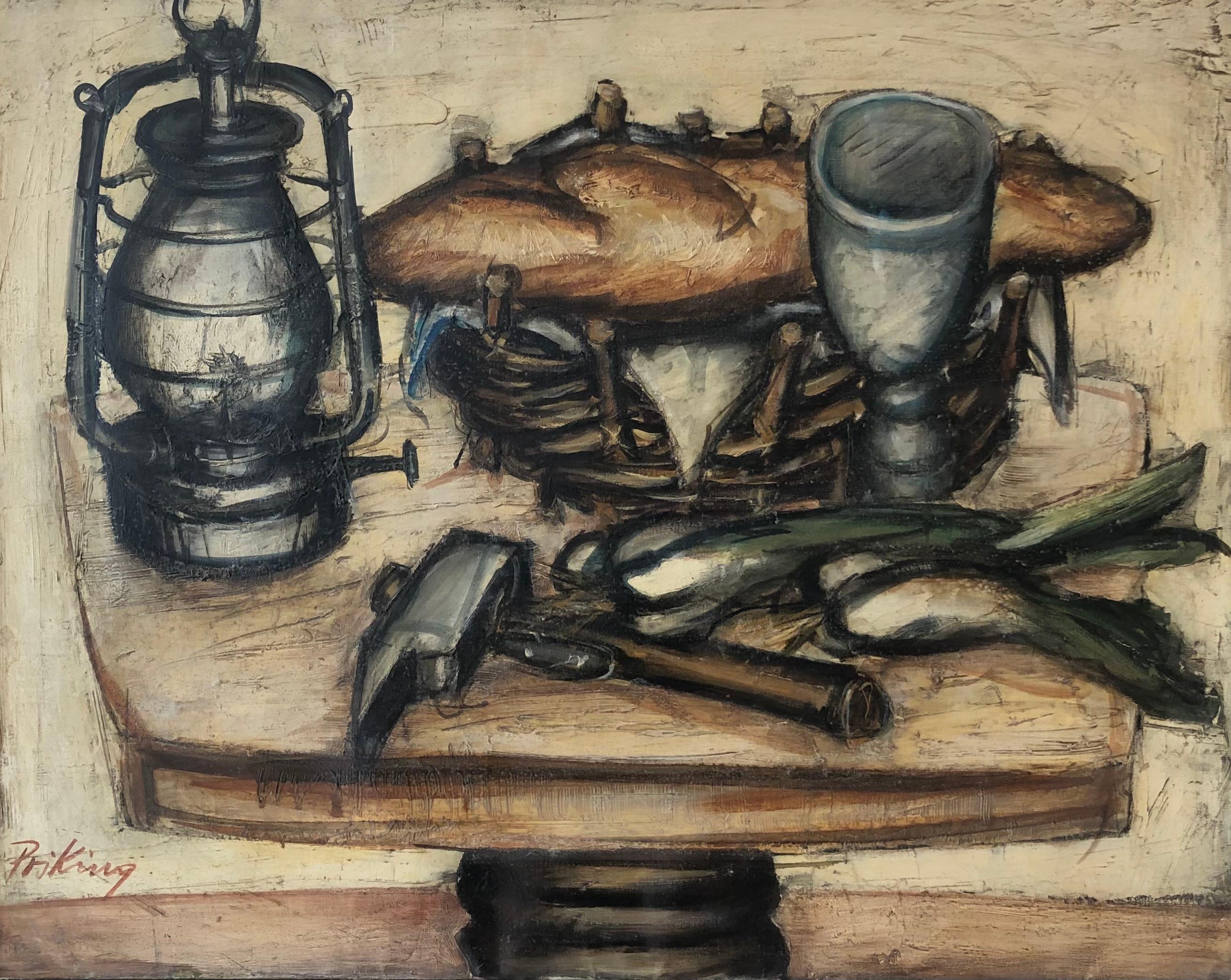 Franz Priking Still-Life Painting - Still life with bread and sardines