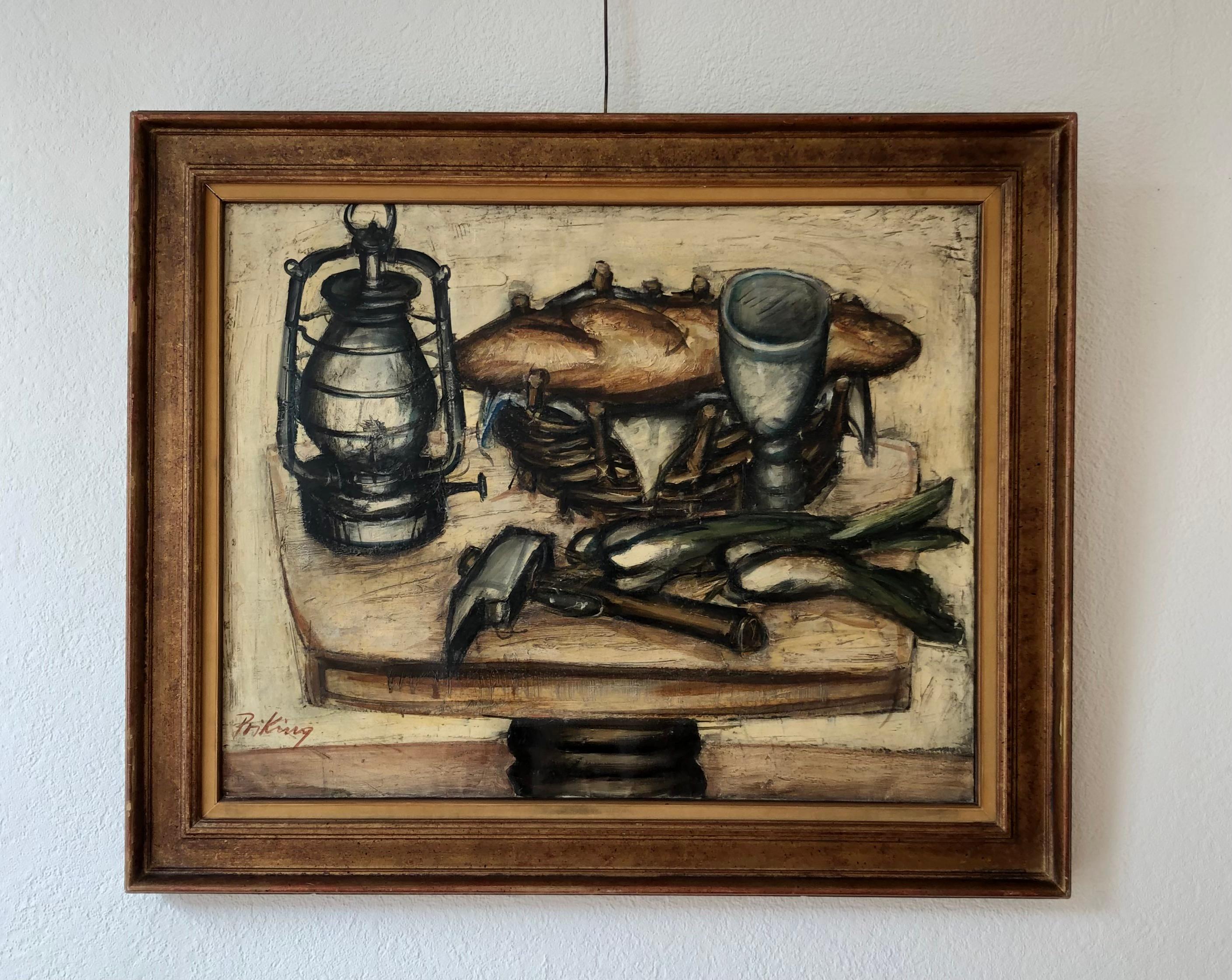 Still life with bread and sardines - Painting by Franz Priking