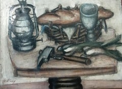 Still life with bread and sardines
