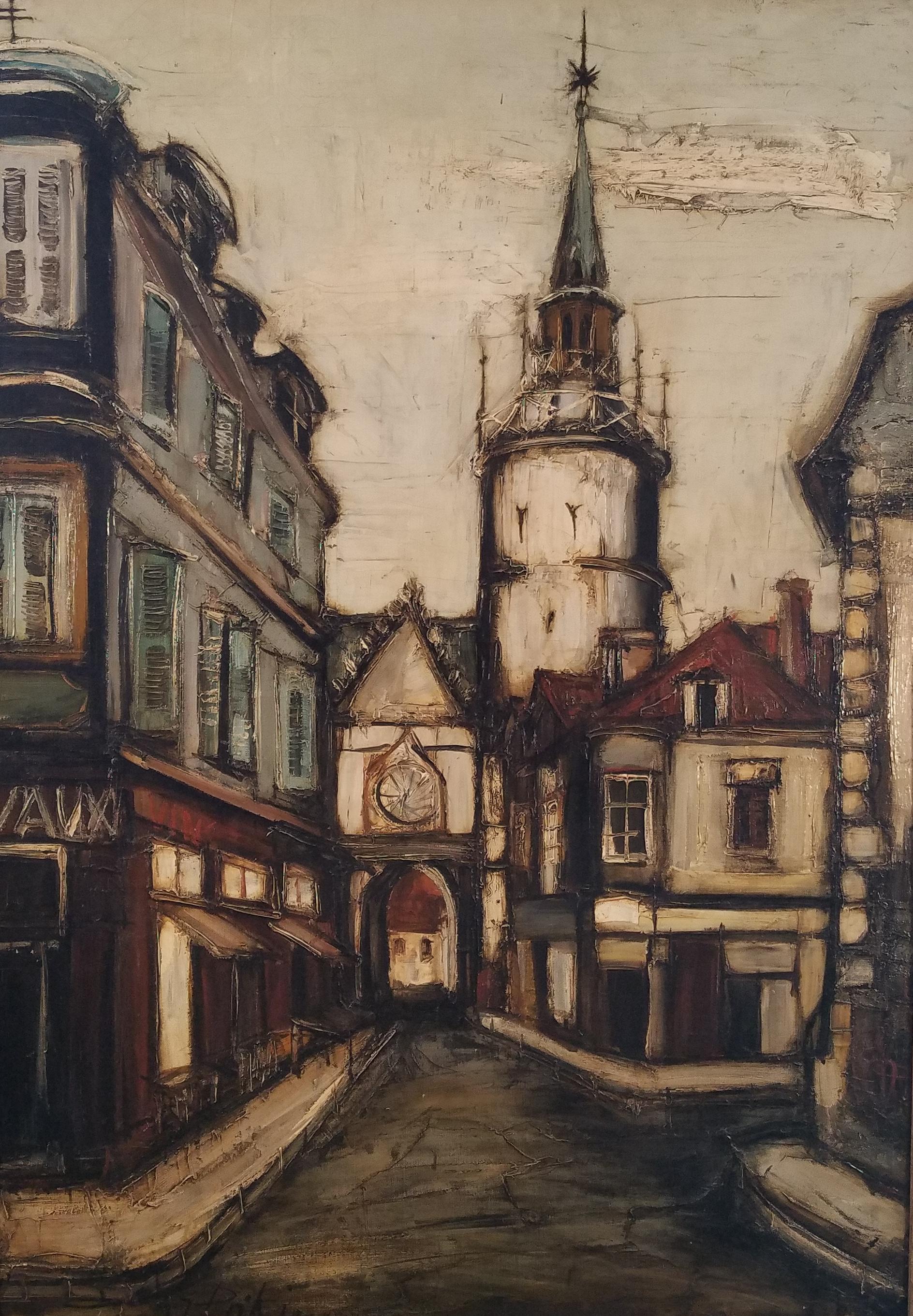 "Paesaggio urbano in Francia", Franz Priking, Grande scena verticale di città francese moderna
