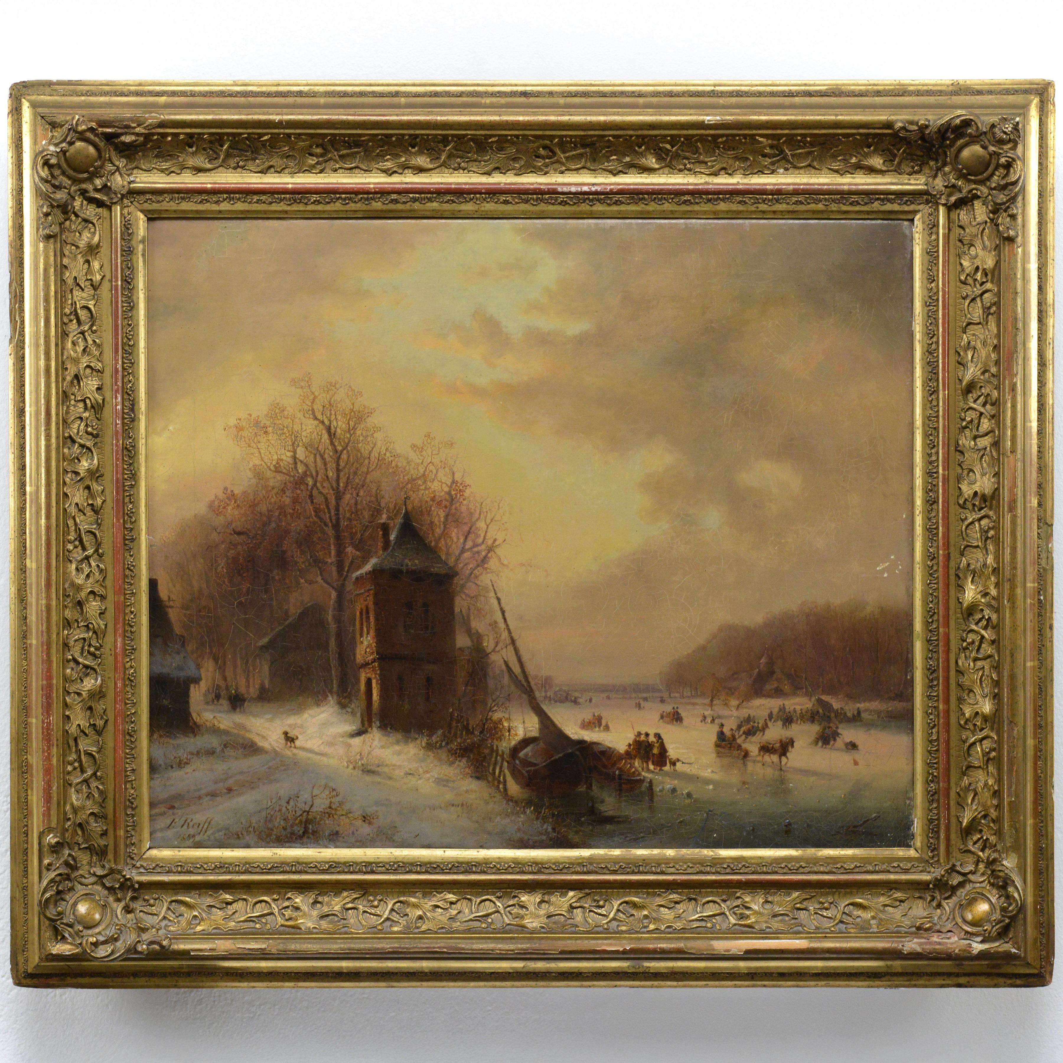 1859 Deutsch Ölgemälde holländischen Stil gefrorenen See Winter-Szene signiert gerahmt – Painting von Franz Reiff