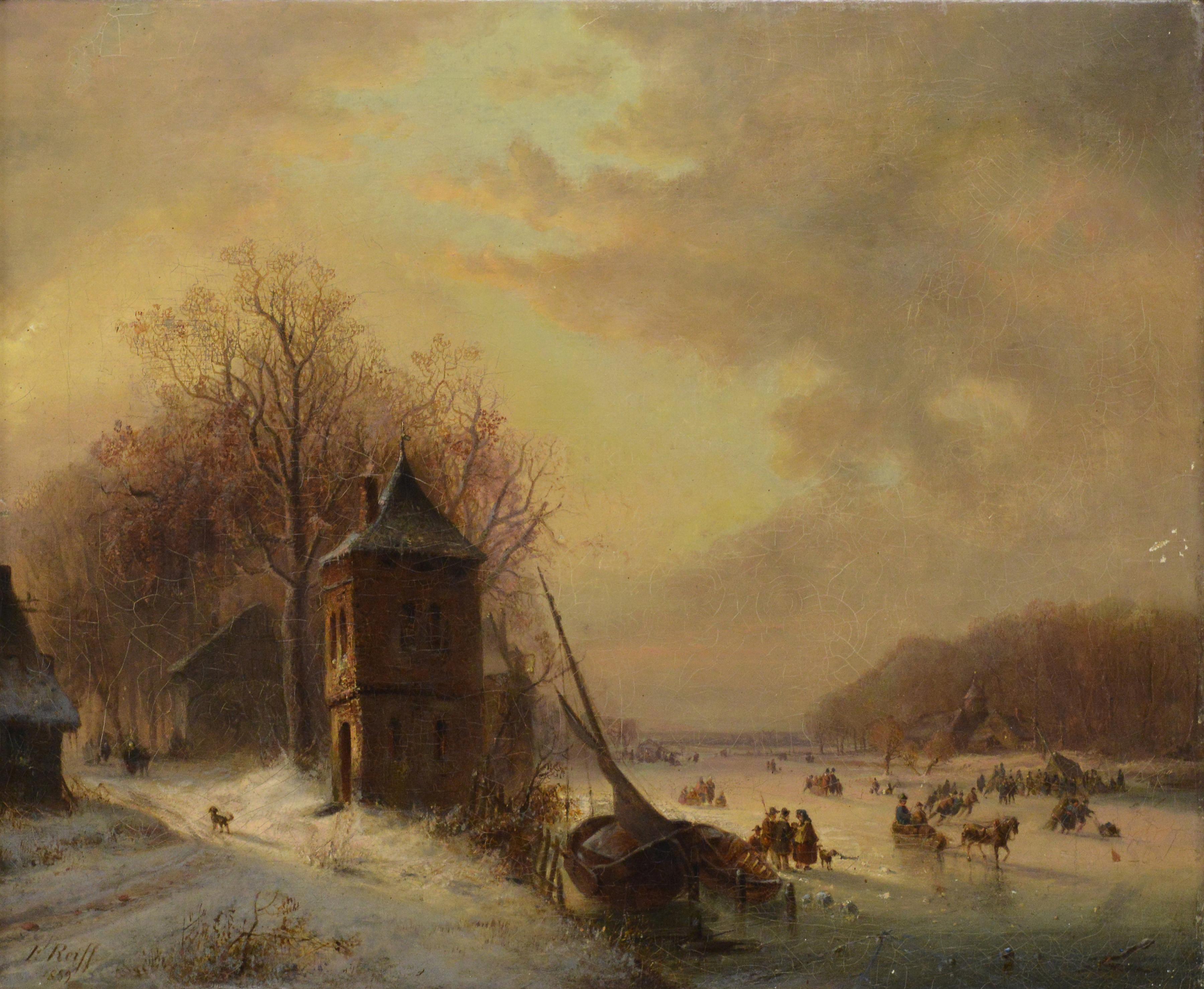 1859 Deutsch Ölgemälde holländischen Stil gefrorenen See Winter-Szene signiert gerahmt (Niederländische Schule), Painting, von Franz Reiff