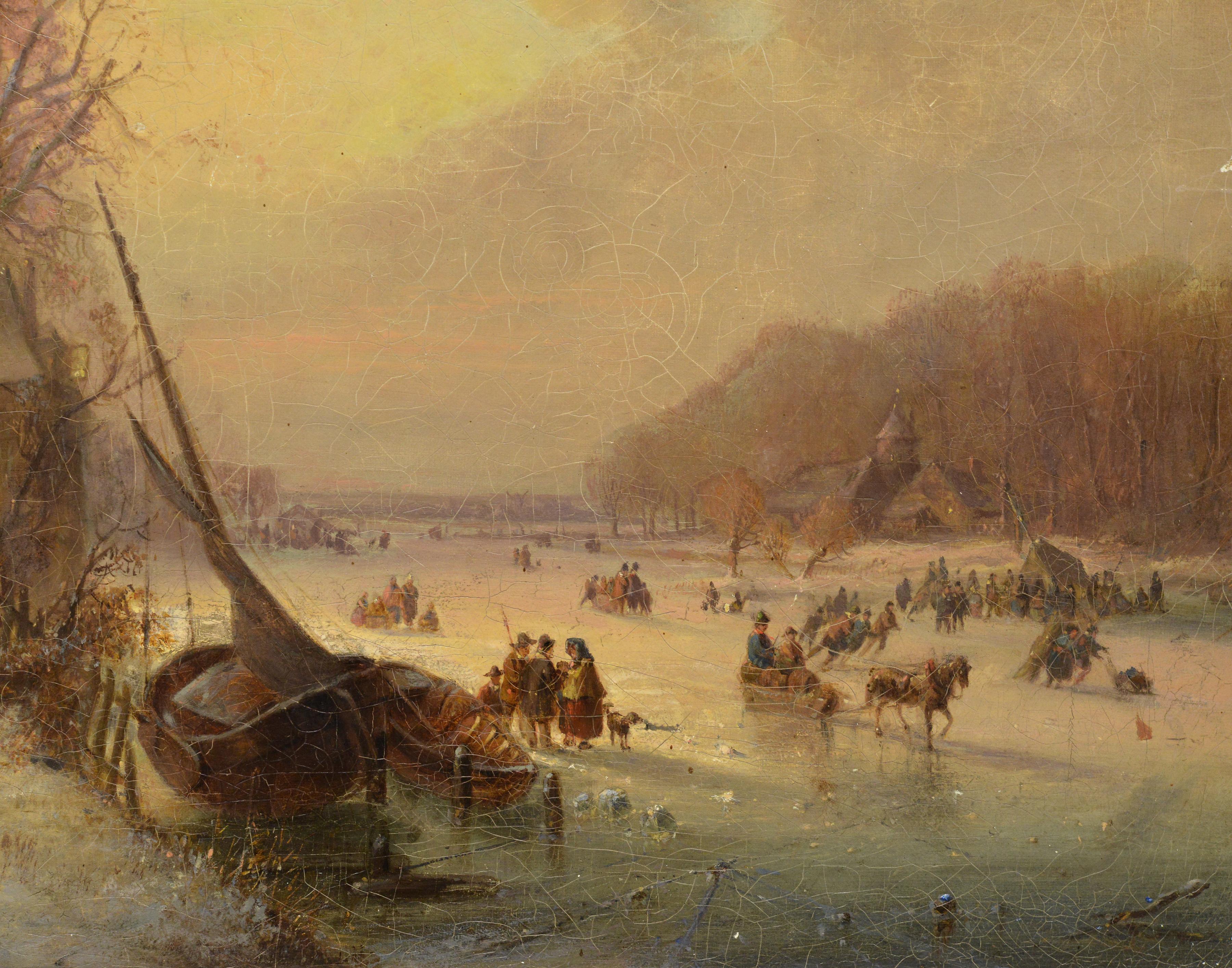 1859 Deutsch Ölgemälde holländischen Stil gefrorenen See Winter-Szene signiert gerahmt (Braun), Figurative Painting, von Franz Reiff