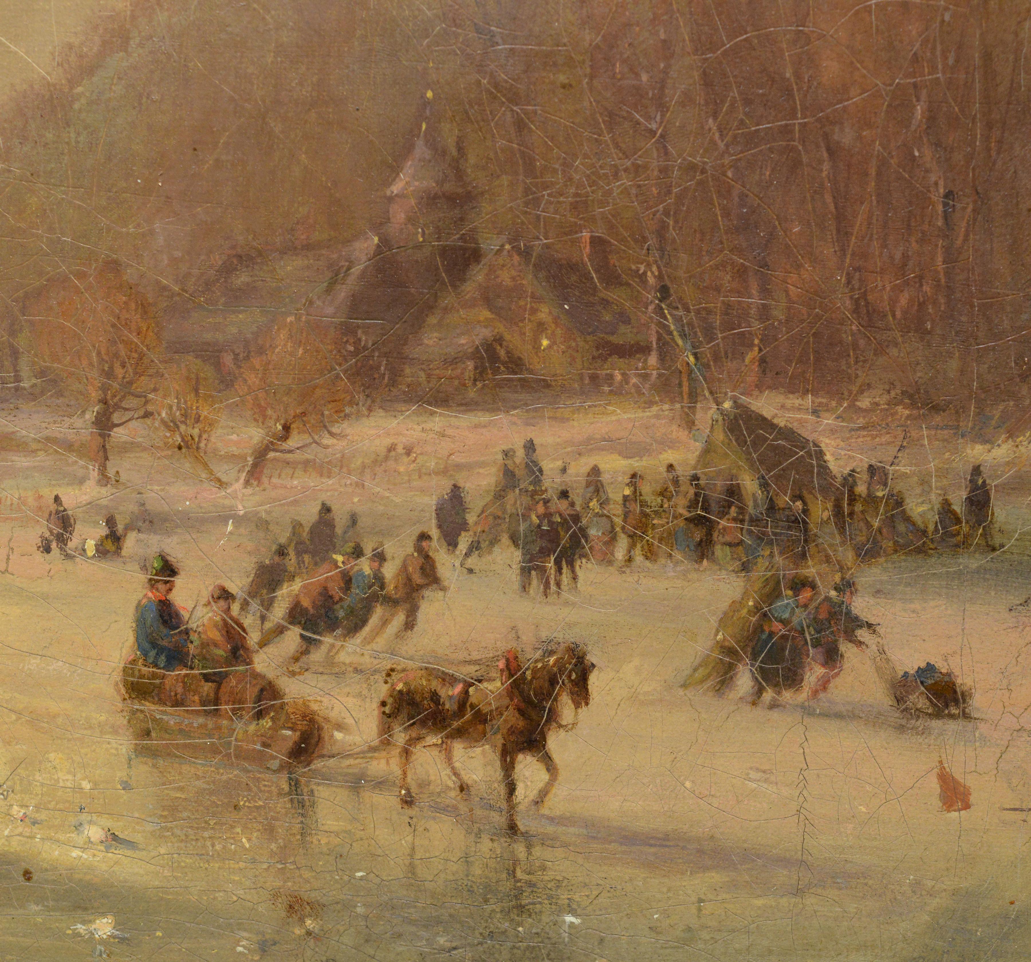 1859 Deutsch Ölgemälde holländischen Stil gefrorenen See Winter-Szene signiert gerahmt im Angebot 1