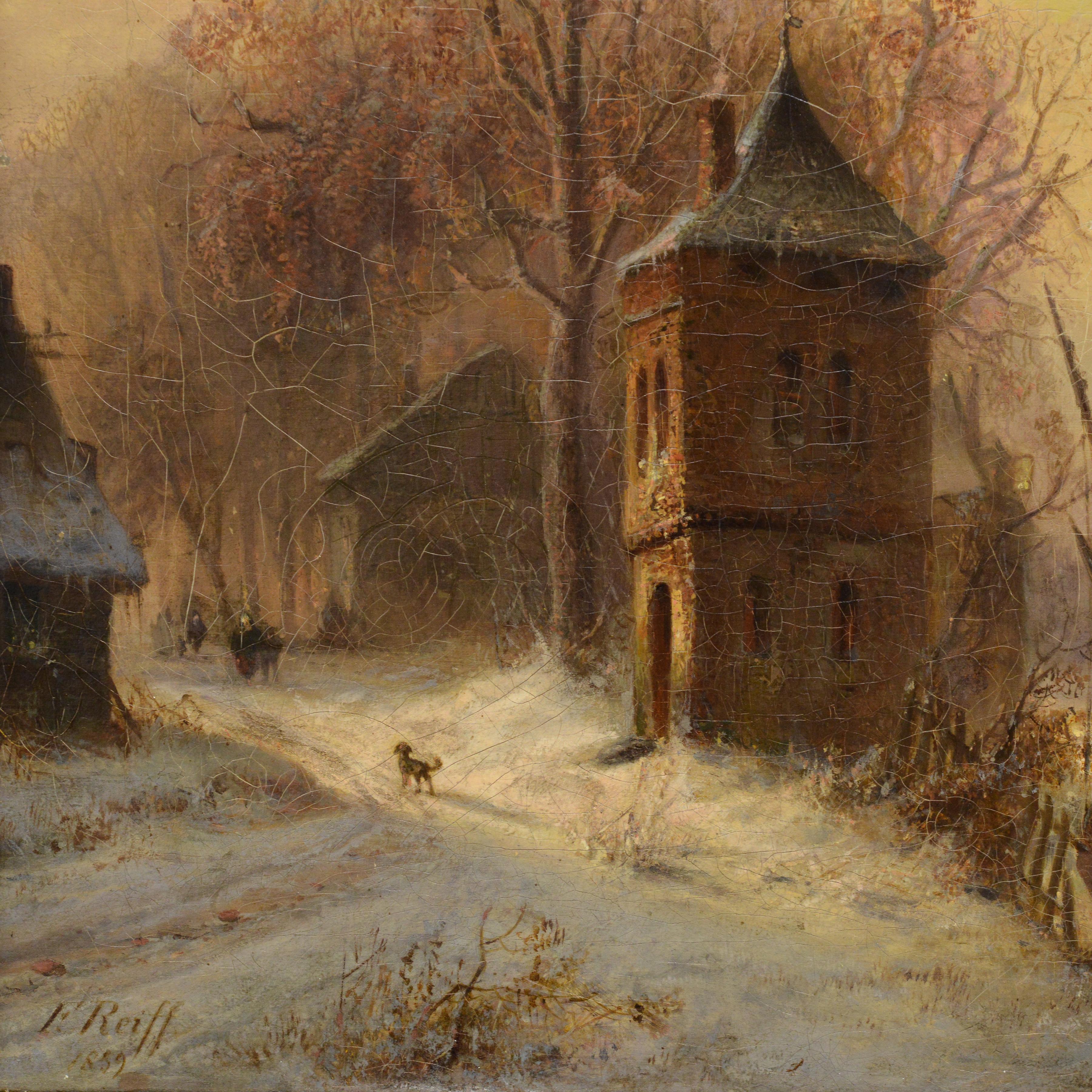 1859 Deutsch Ölgemälde holländischen Stil gefrorenen See Winter-Szene signiert gerahmt im Angebot 2