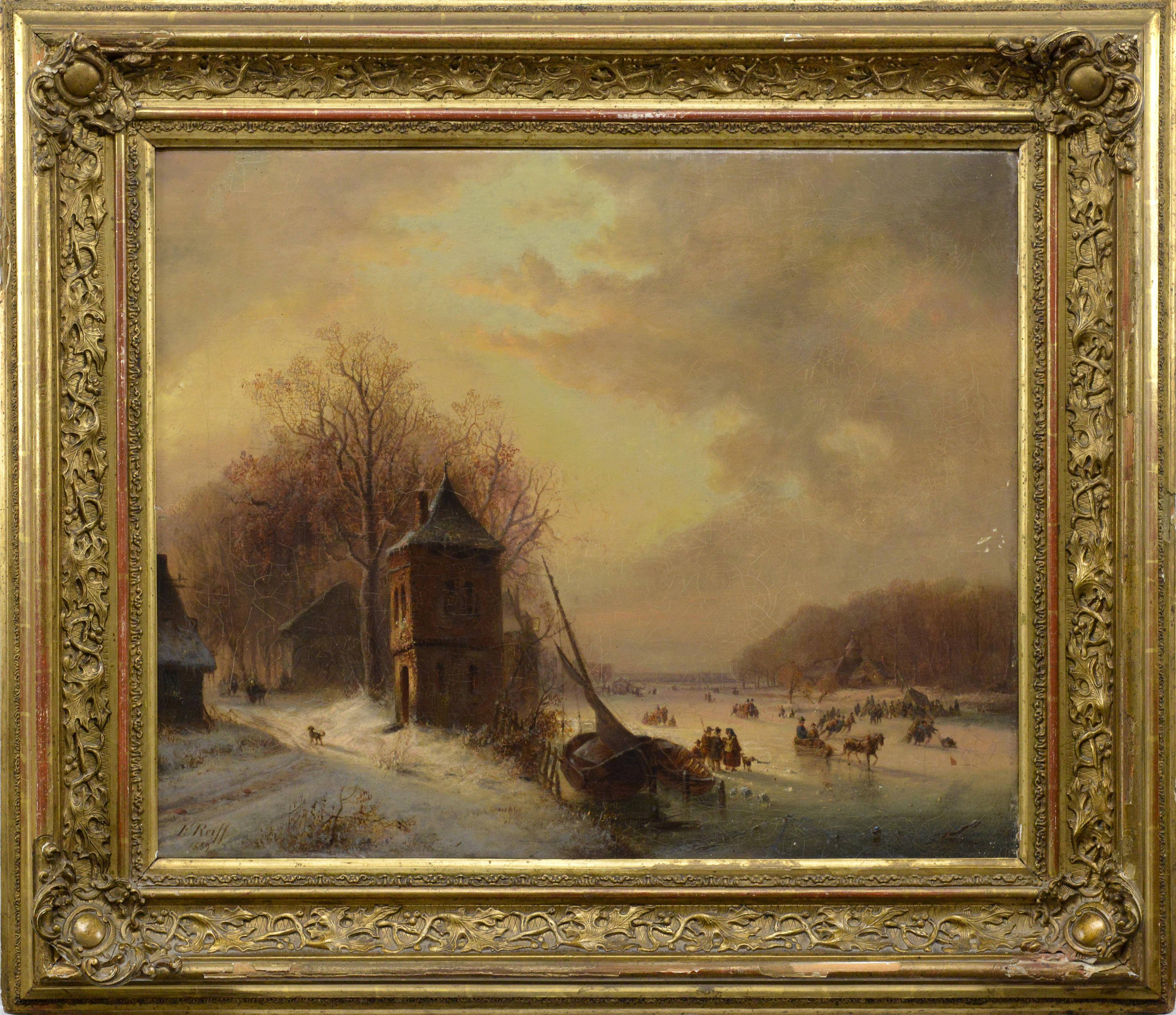 1859 German Oil Painting Dutch Style Frozen Lake Winter Scene Signed Framed