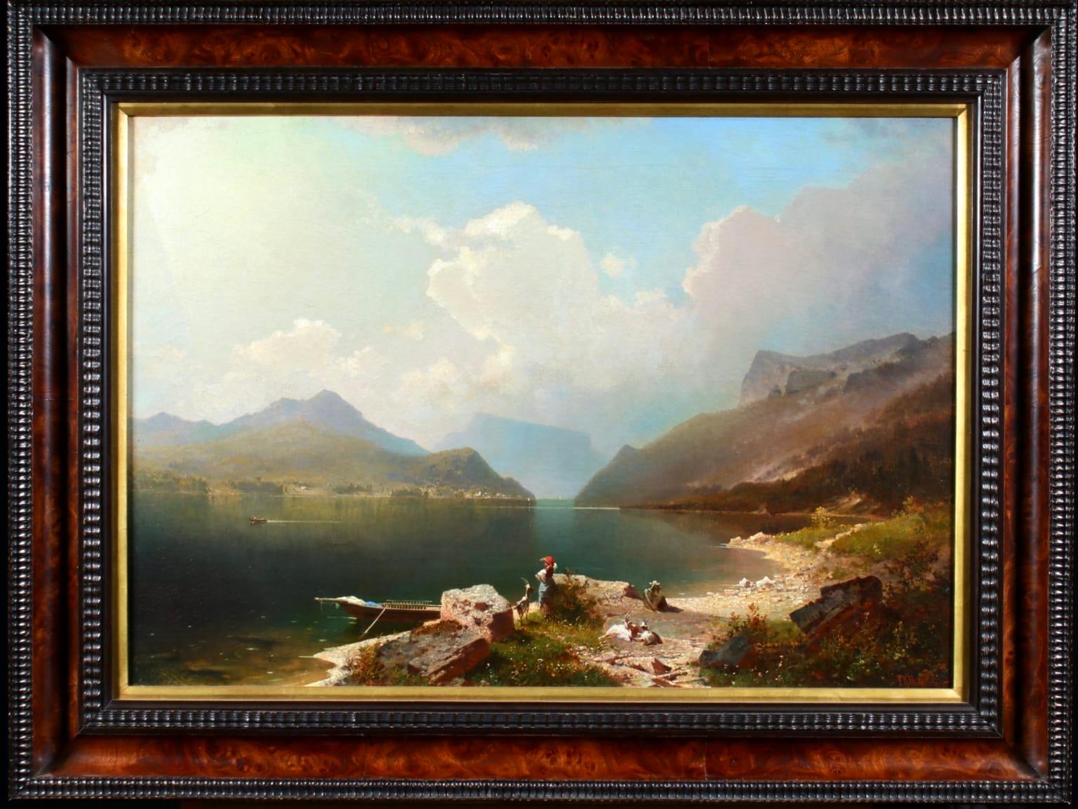 Early Morning-Achen Lake, Austria - Romantic Oil, Figures by Lake by Unterberger - Painting by Franz Richard Unterberger