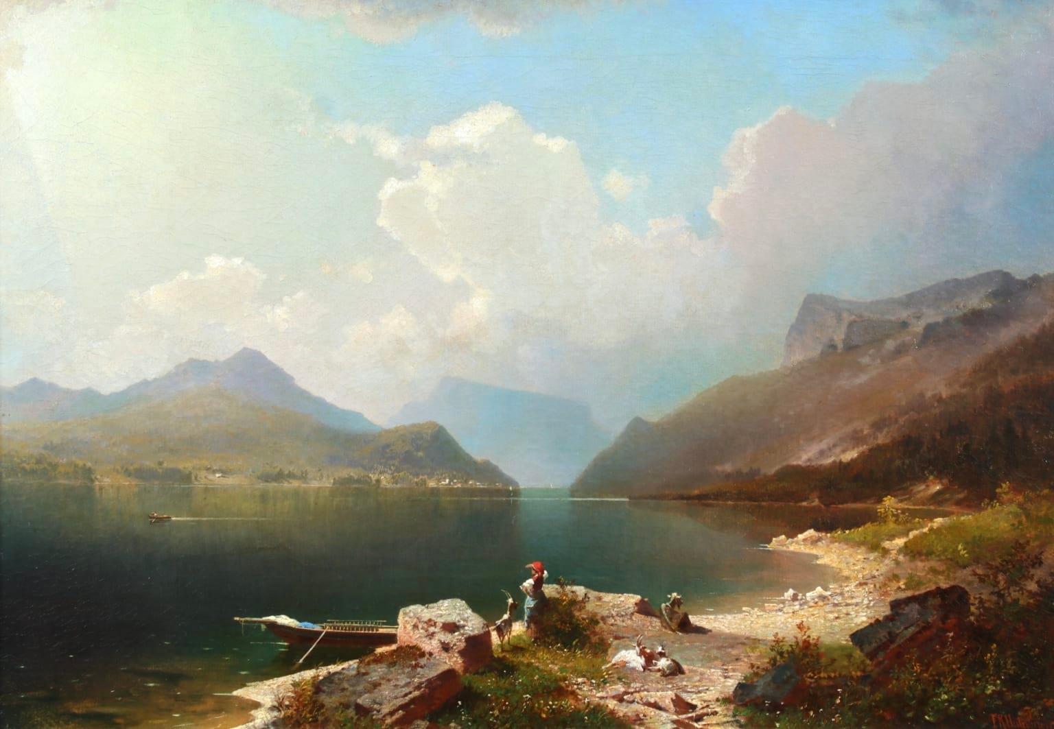 Franz Richard Unterberger Landscape Painting - Early Morning-Achen Lake, Austria - Romantic Oil, Figures by Lake by Unterberger