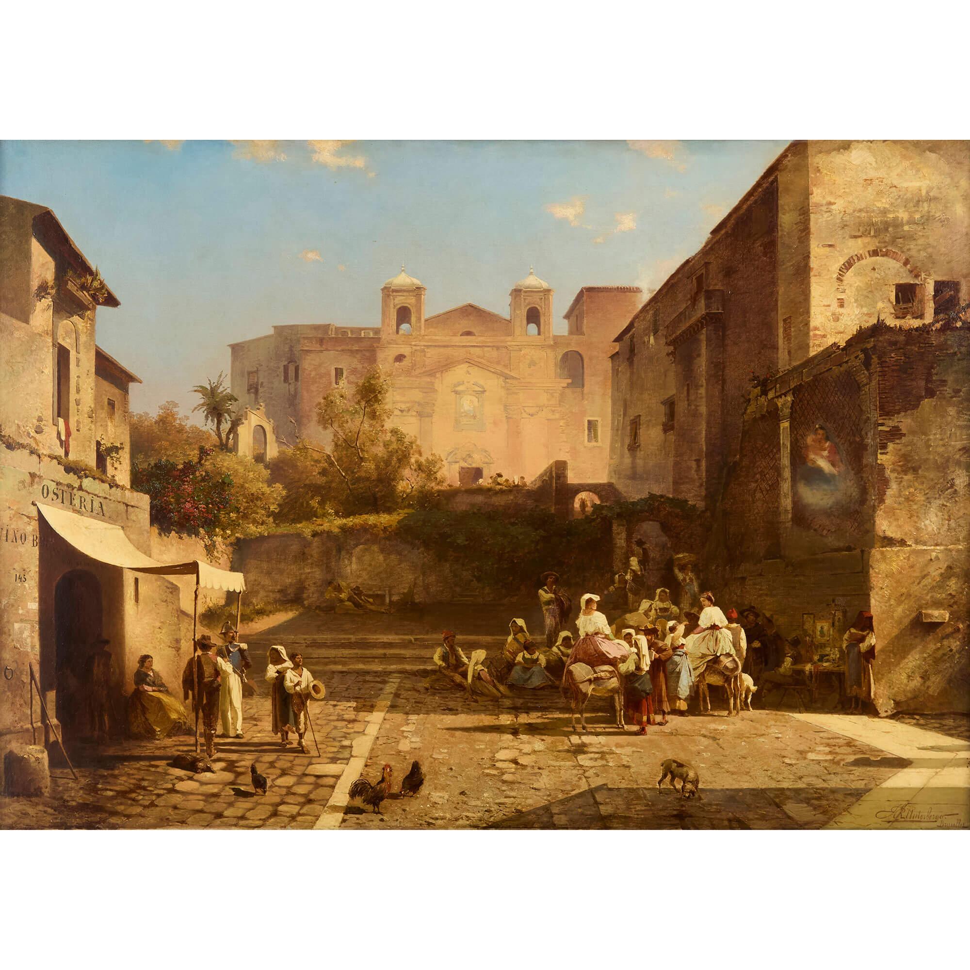 Grande dipinto ad olio austriaco antico Scena di strada del mercato italiano Unterberger - Painting di Franz Richard Unterberger