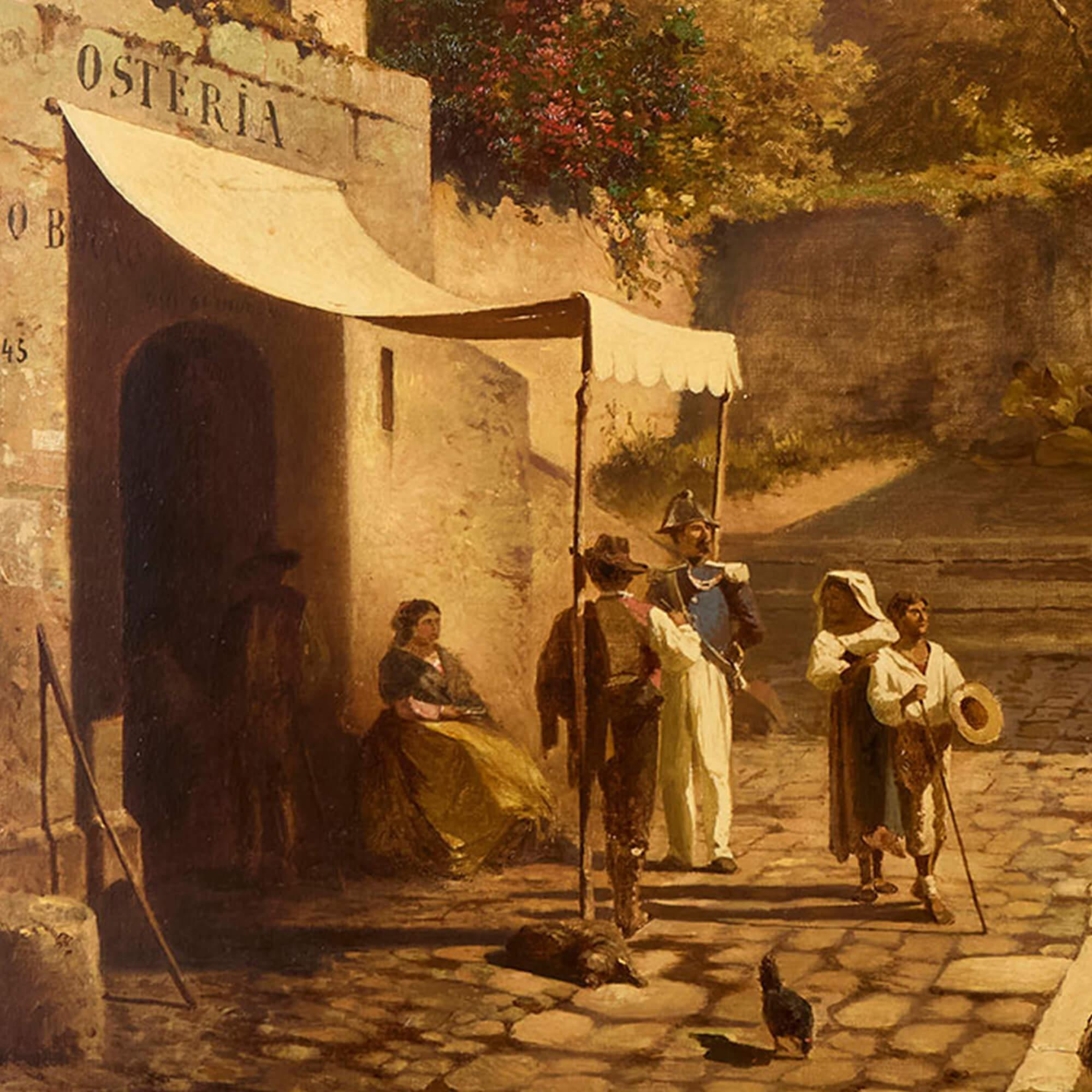 Grande dipinto ad olio austriaco antico Scena di strada del mercato italiano Unterberger - Figurative Painting Marrone di Franz Richard Unterberger