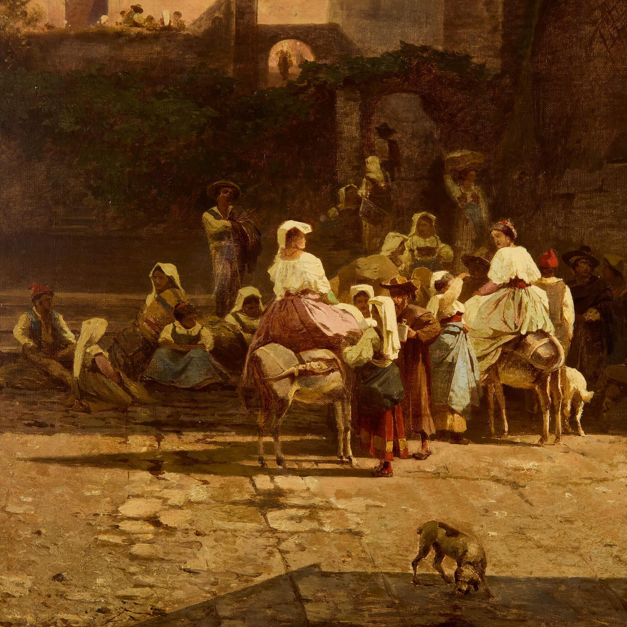 Grande dipinto ad olio austriaco antico Scena di strada del mercato italiano Unterberger in vendita 1
