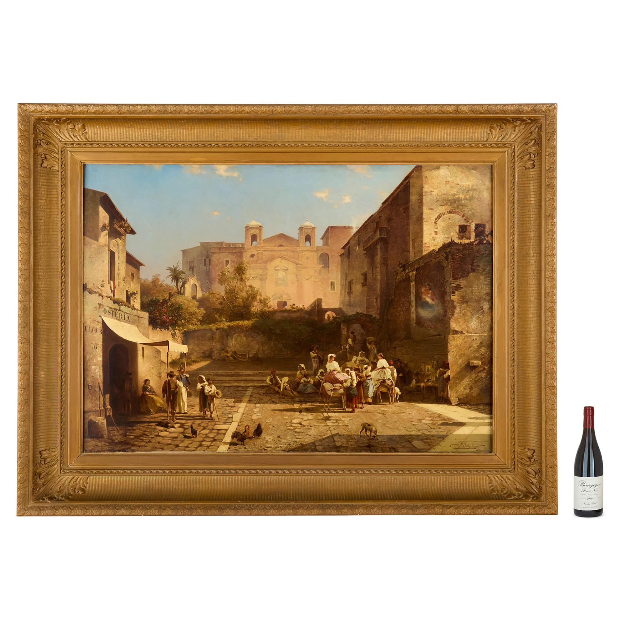 Grande dipinto ad olio austriaco antico Scena di strada del mercato italiano Unterberger in vendita 4