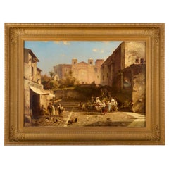 Grande dipinto ad olio austriaco antico Scena di strada del mercato italiano Unterberger