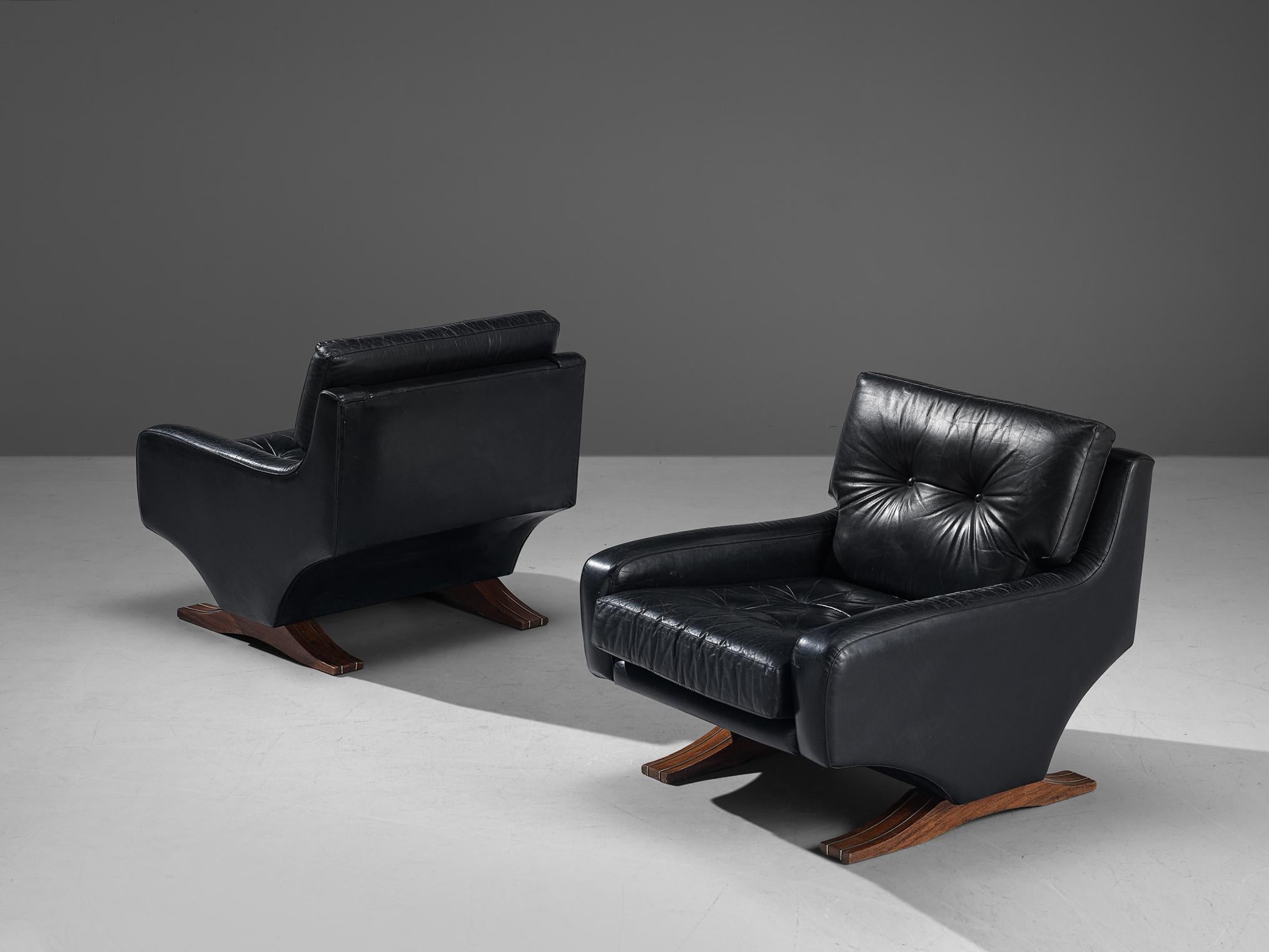 Mid-Century Modern Franz Sartori for Flexform Pair of Armchairs in Black Leather