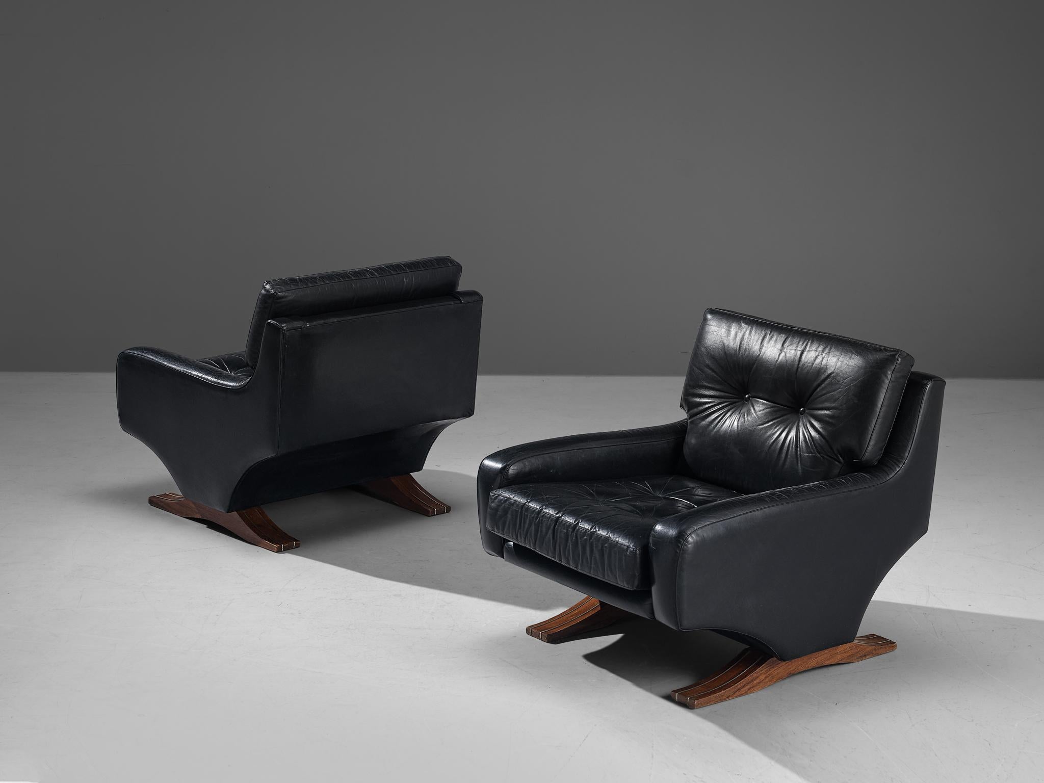 Mid-Century Modern Franz Sartori for Flexform Pair of Armchairs in Black Leather  For Sale