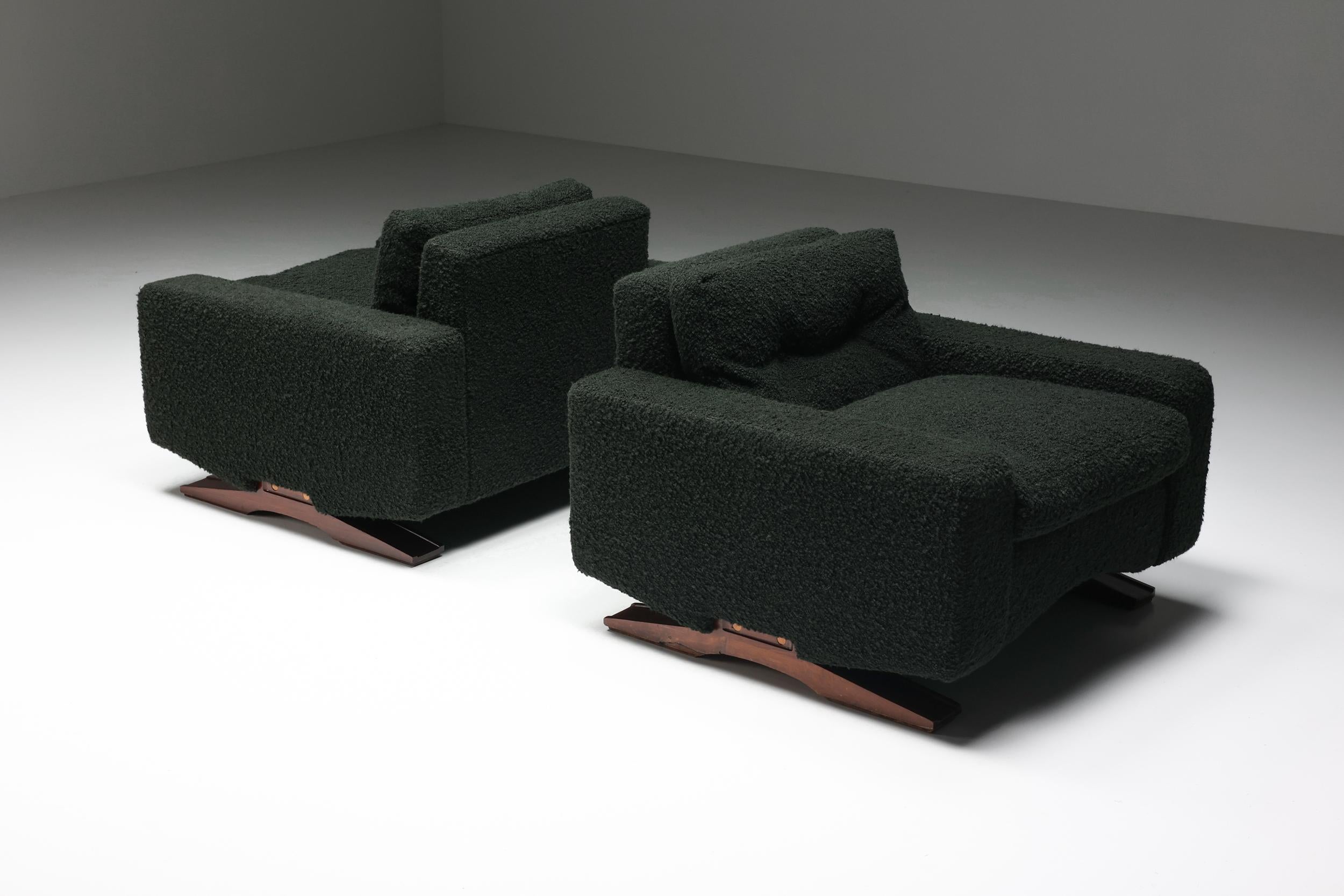 Mid-Century Modern Franz Sartori for Flexform, Pair of Lounge Chairs in Dark Green Boucle, Italy