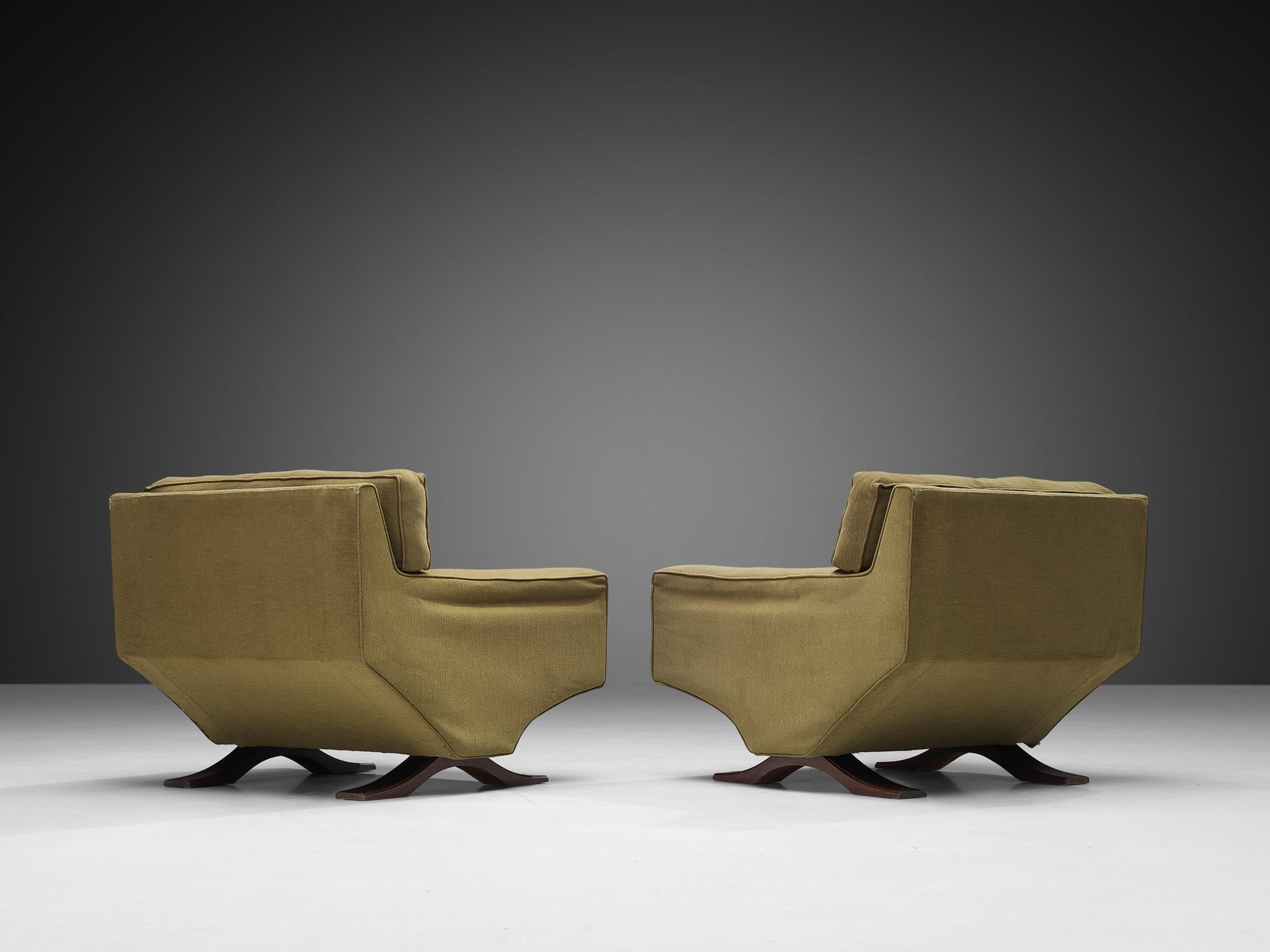 Italian Franz Sartori for Flexform Pair of Lounge Chairs in Olive Green Upholstery