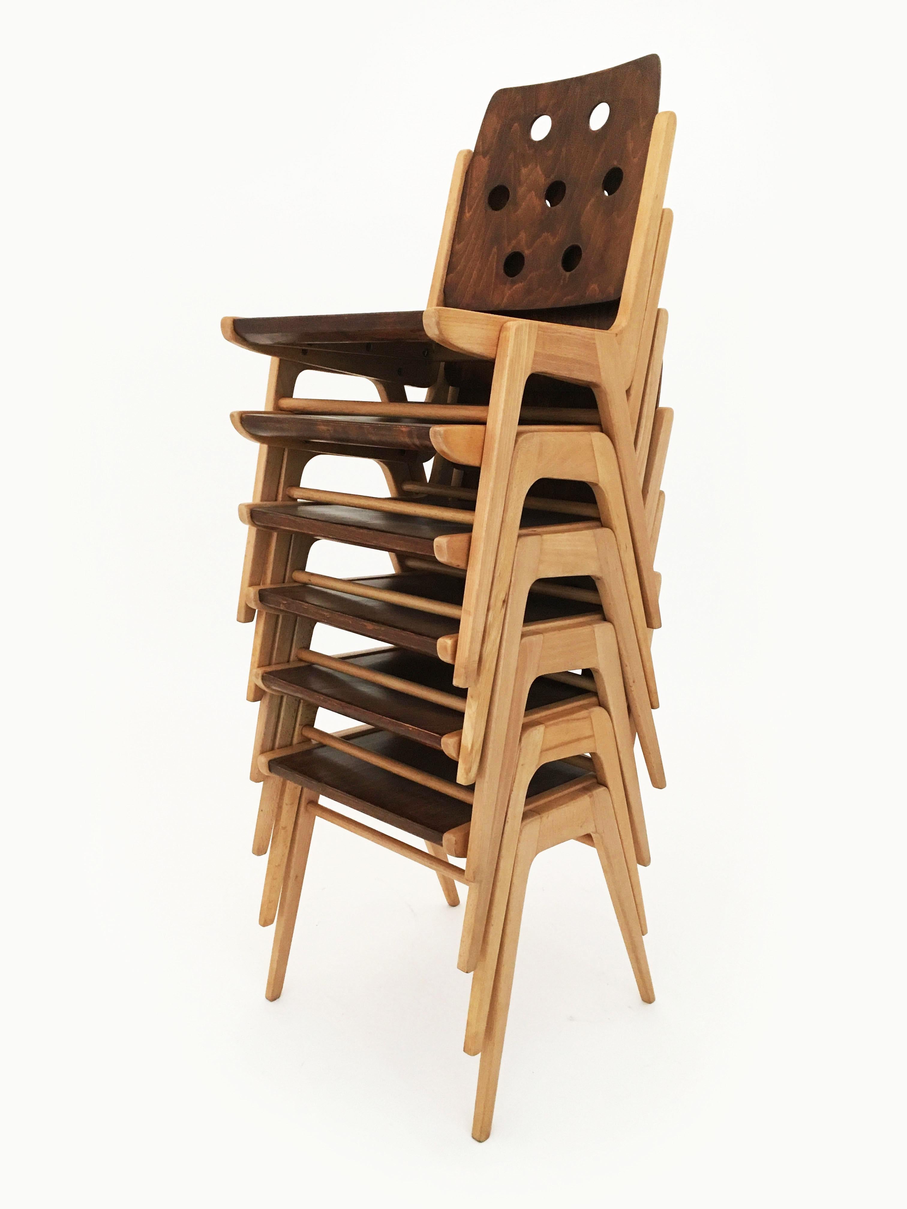 Franz Schuster Stacking Chairs Model 'Maestro', Set of Six, Austria 1950s Similar to the more famous Roland Rainer Stadthallen Chair, the Franz Schuster's design for a stacking chair is equally elegant, modern and timeless. The chairs provide a very