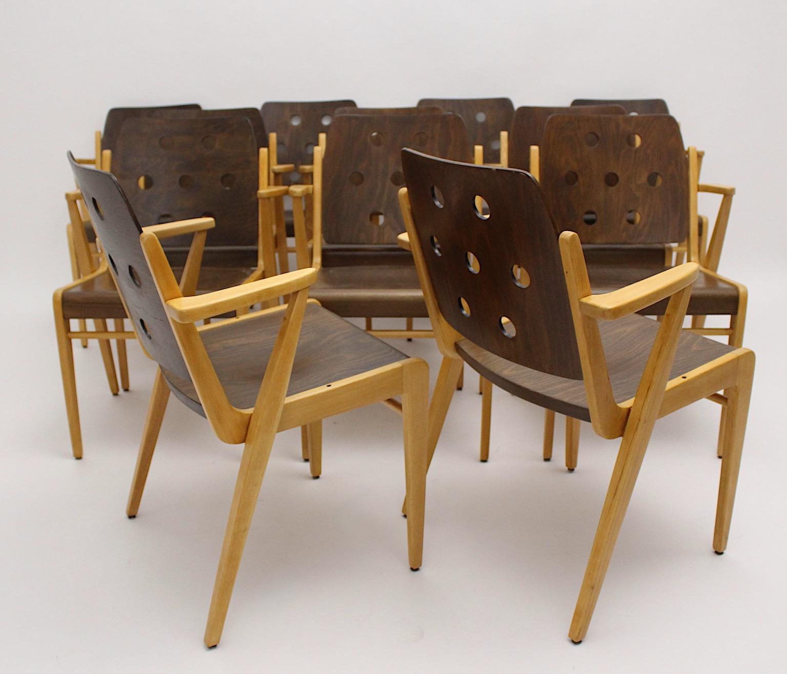 Austrian Franz Schuster Mid-Century Modern Vintage Twelve Bicolor Dining Chairs, Vienna