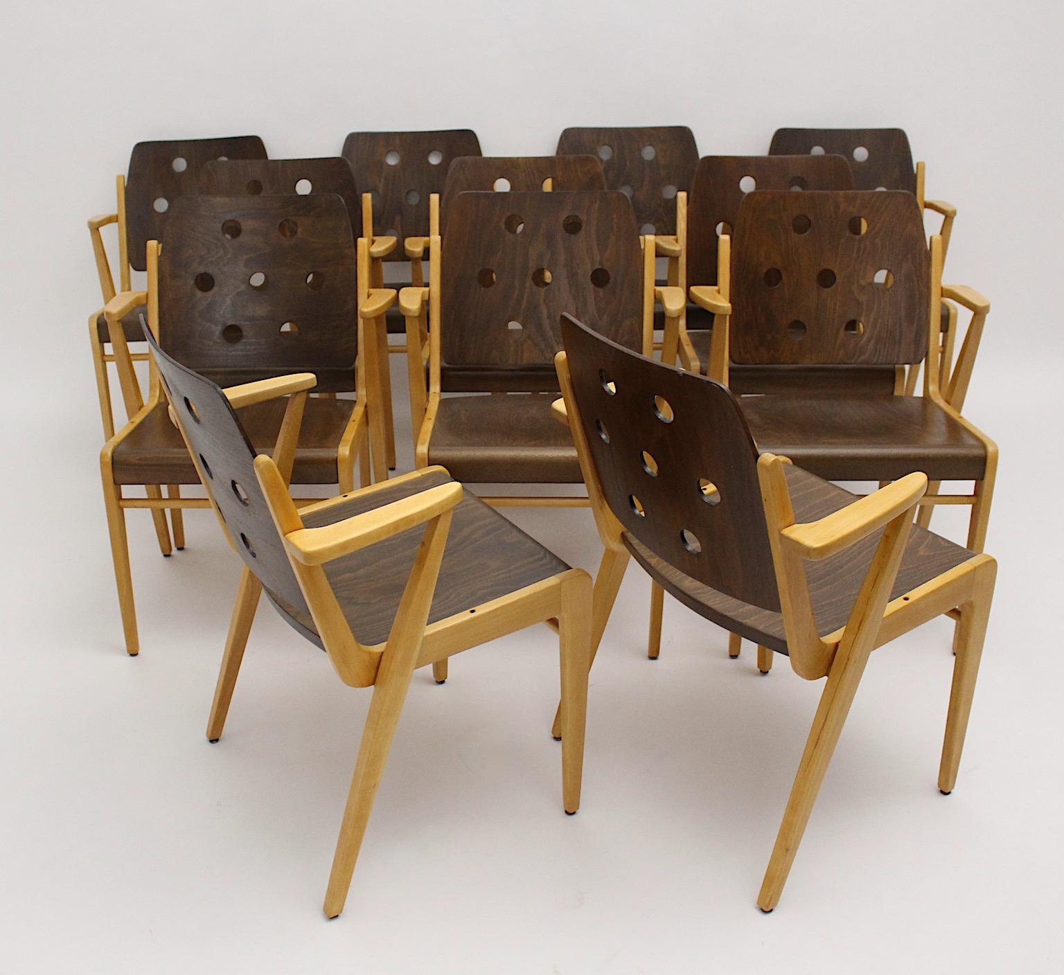 Mid-20th Century Franz Schuster Mid-Century Modern Vintage Twelve Bicolor Dining Chairs, Vienna