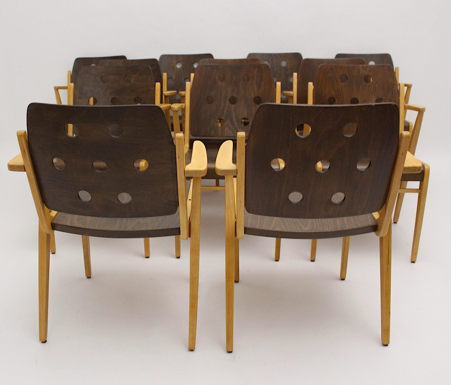 Beech Franz Schuster Mid-Century Modern Vintage Twelve Bicolor Dining Chairs, Vienna