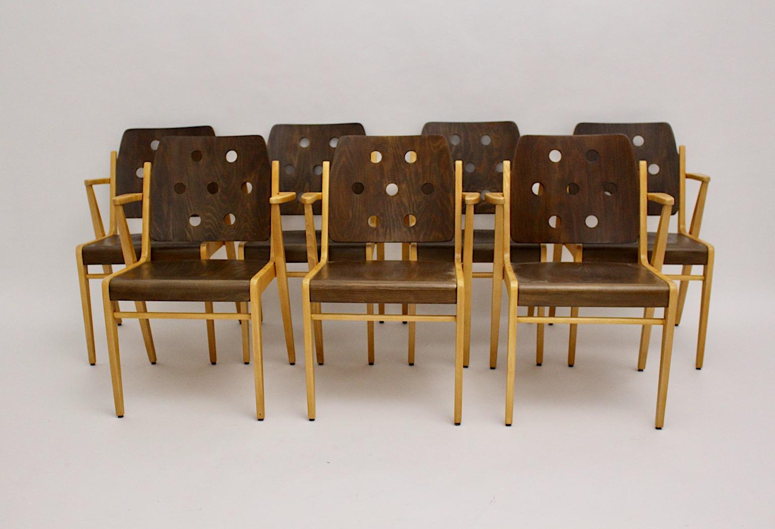 Franz Schuster Mid-Century Modern Vintage Twelve Bicolor Dining Chairs, Vienna 1