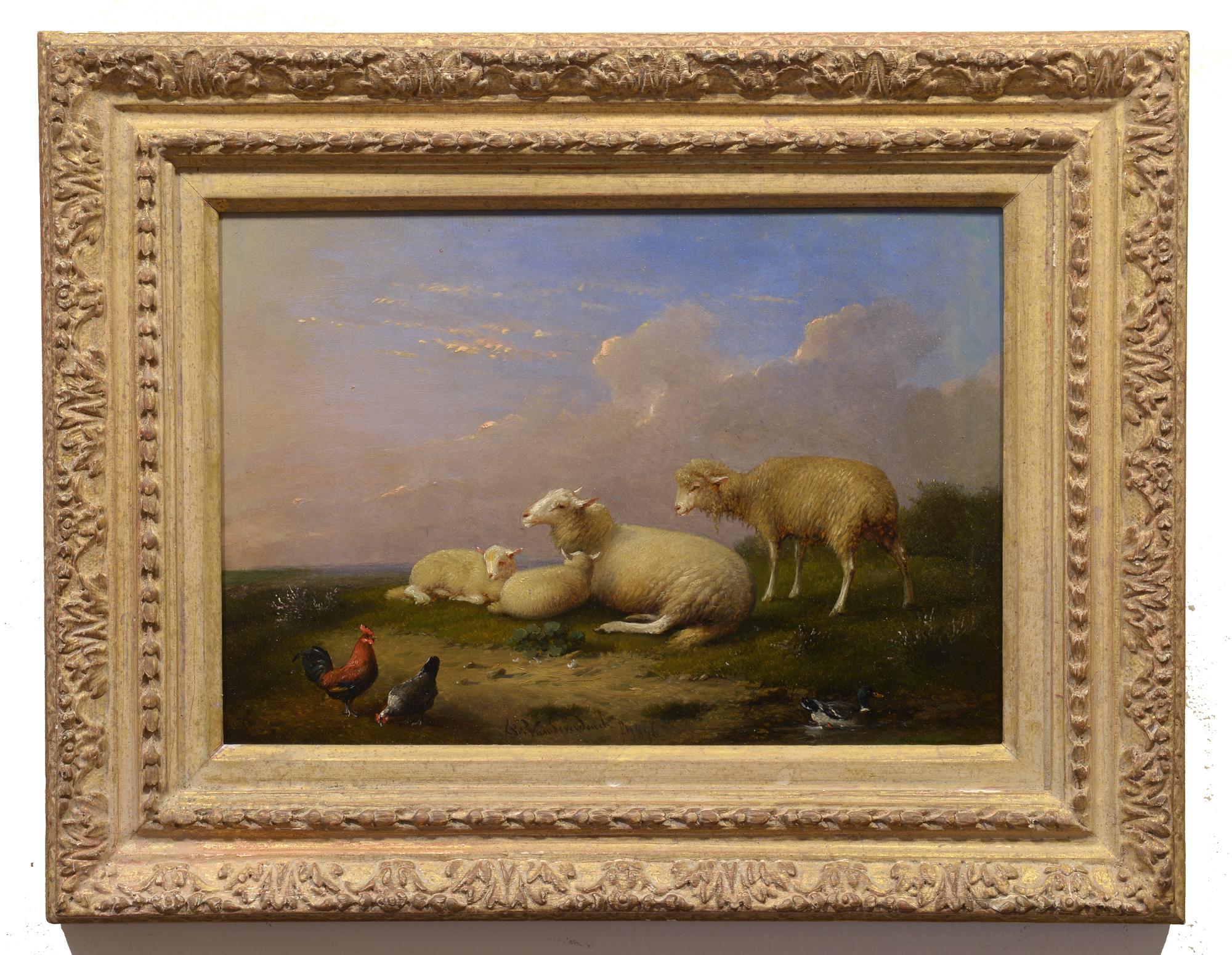 At Pasture, 1871, Belgian, Realist, Landscape with Sheep, Chickens, Duck - Painting by Franz van Severdonck