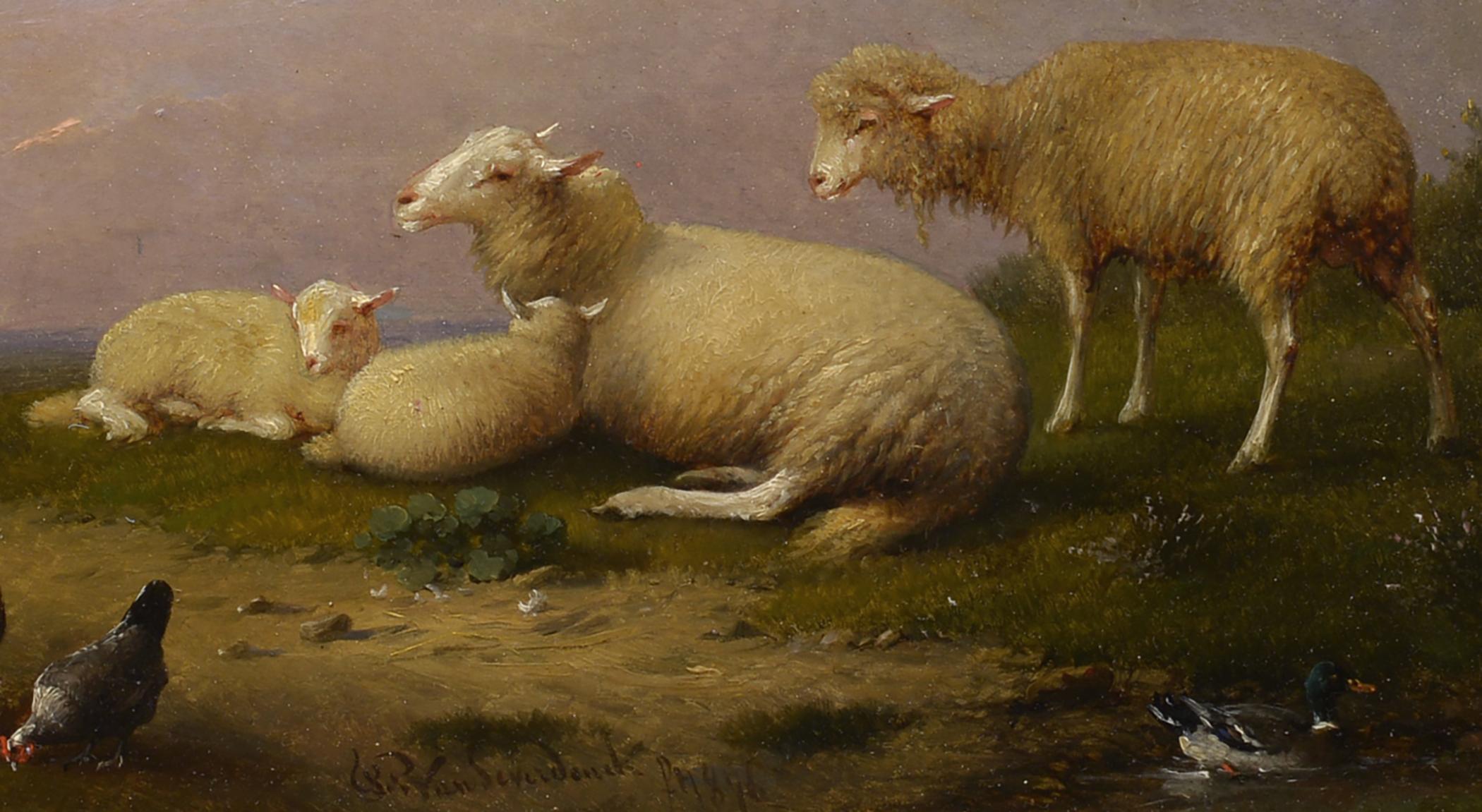 At Pasture, 1871, Belgian, Realist, Landscape with Sheep, Chickens, Duck - Gray Animal Painting by Franz van Severdonck