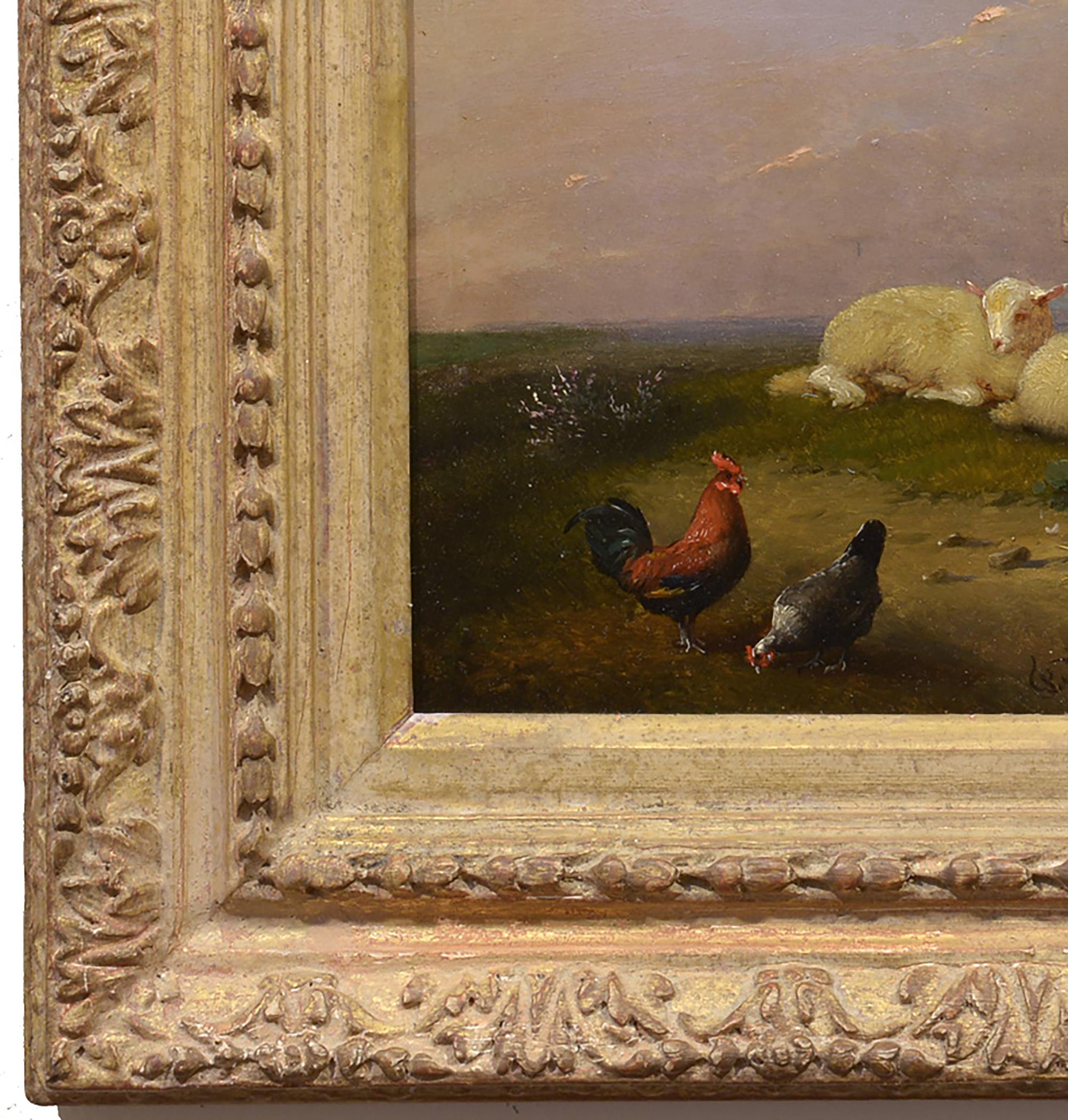 At Pasture, 1871, Belgian, Realist, Landscape with Sheep, Chickens, Duck 2
