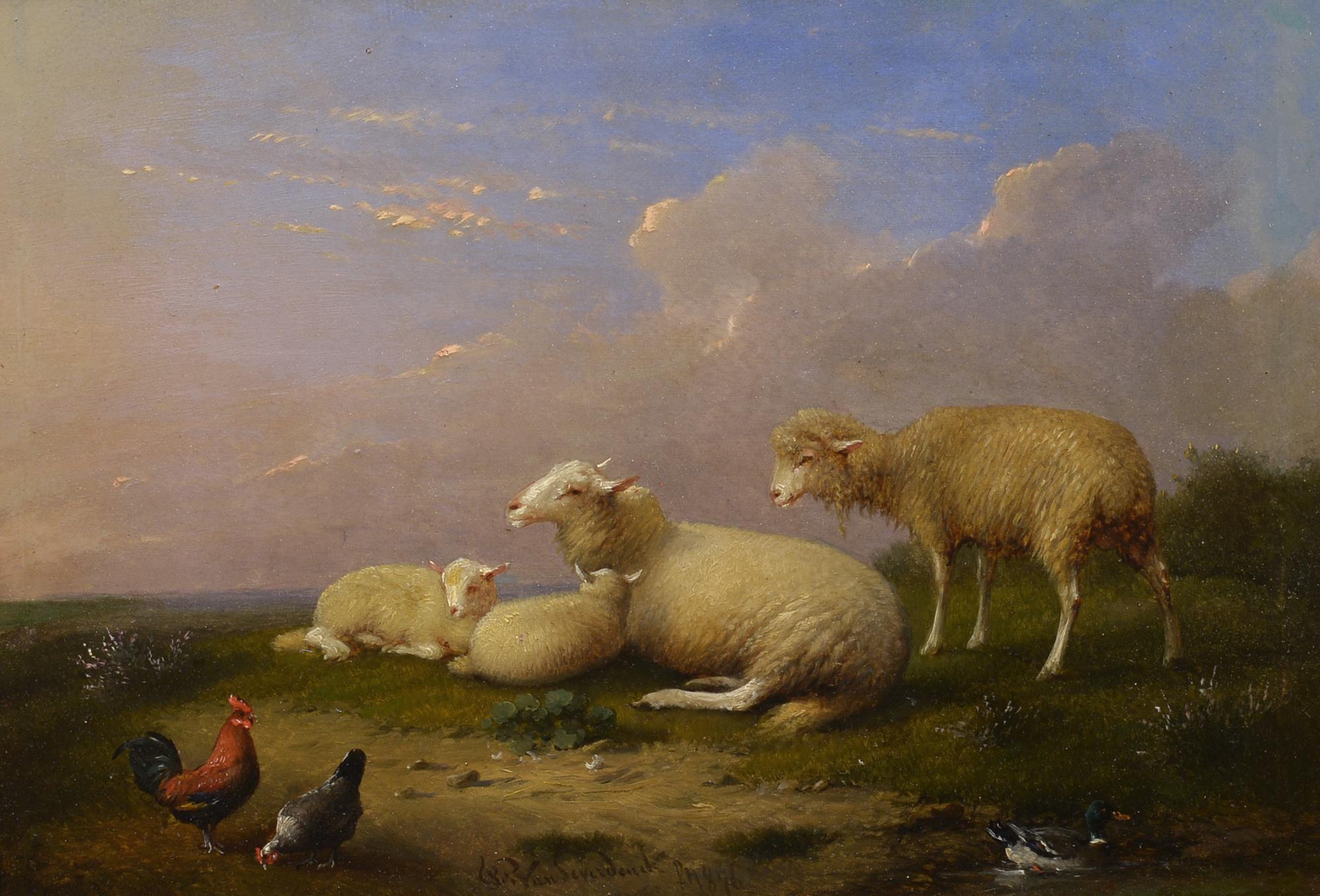 Franz van Severdonck Animal Painting - At Pasture, 1871, Belgian, Realist, Landscape with Sheep, Chickens, Duck