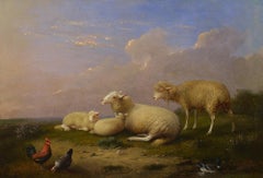 At Pasture, 1871, Belgian, Realist, Landscape with Sheep, Chickens, Duck