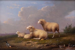 Sheep, Ducks and Hens in a Landscape by Franz van Severdonck, Painted 1873