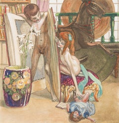 Mädchen und Bube mit Schaukelpferd und Puppen