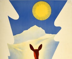 Original Vintage Poster Allgau Germany Alps Skiing Winter Sun Snow Mountain Deer