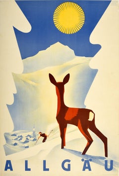 Original Vintage Poster Allgau Germany Alps Skiing Winter Sun Snow Mountain Deer