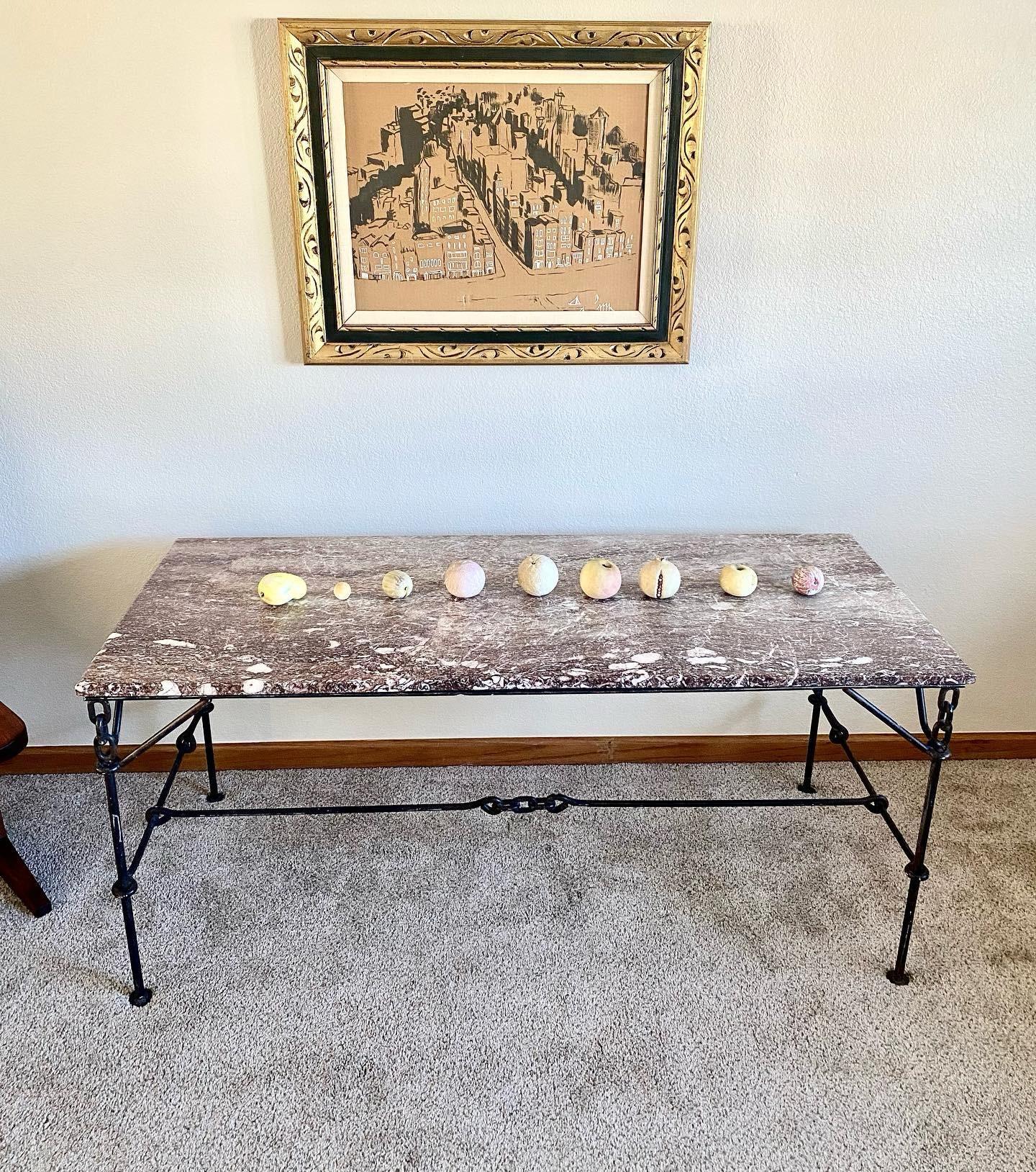 Iron chain base console table with marble top; intermittent use as a desk would be possible with appropriately sized chair. Circa 1960s, in a style popularized by the designs of Franz West. A few niks to base and age appropriate, light scuffing and
